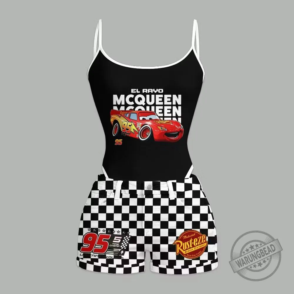 Lightning McQueen Black Bodysuit and Checkered Shorts Two-Piece Set 1 Lightning McQueen Black Bodysuit and Checkered Shorts Two-Piece Set