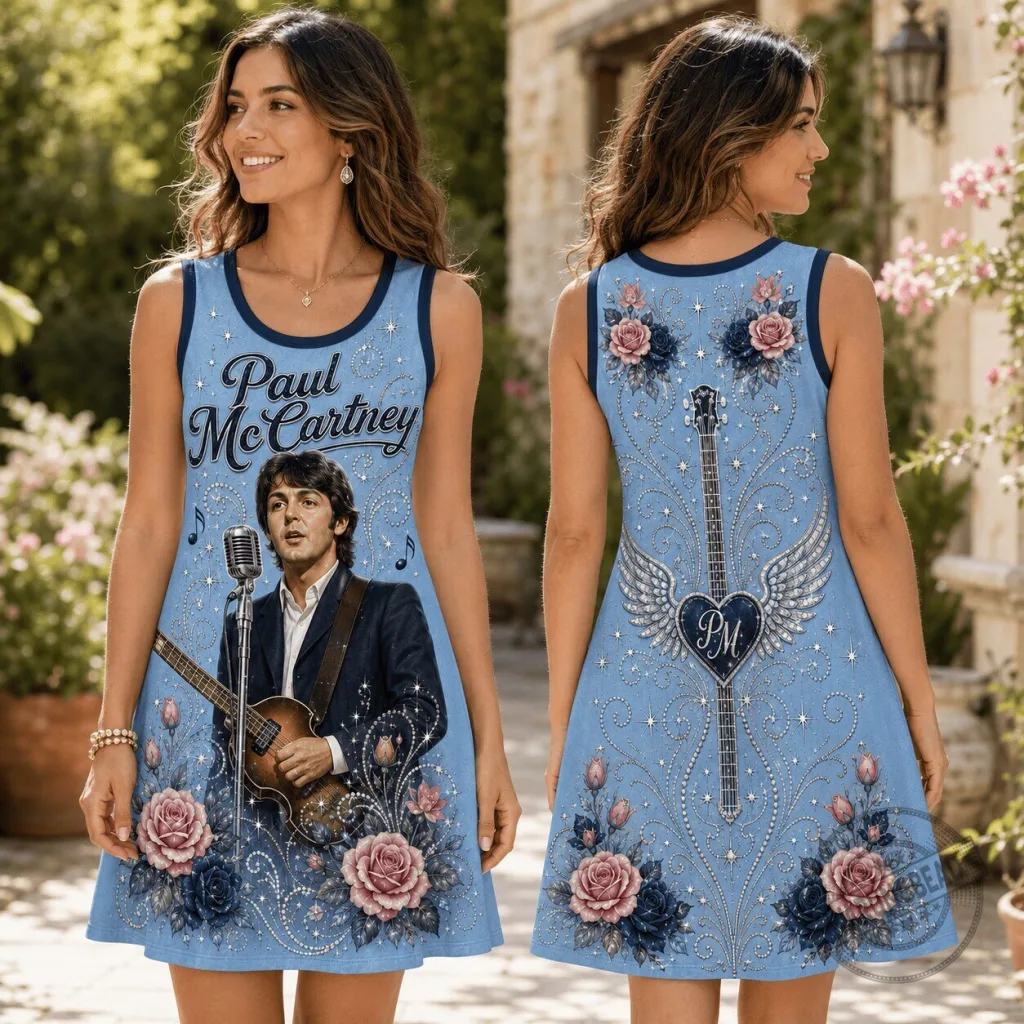 Paul McCartney Blue Floral Guitar Sleeveless Dress for Women Paul McCartney Blue Floral Guitar Sleeveless Dress for Women