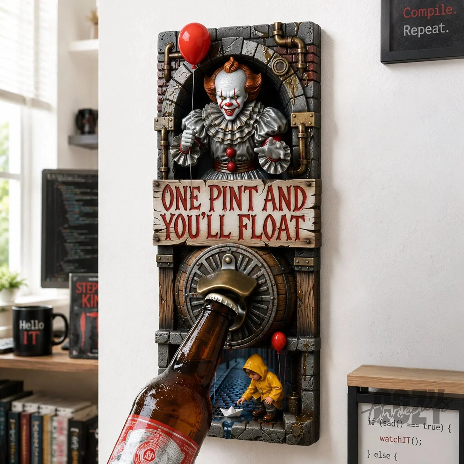 Pennywise It Movie Wall Mounted Bottle Opener with One Pint and You'll Float Quote