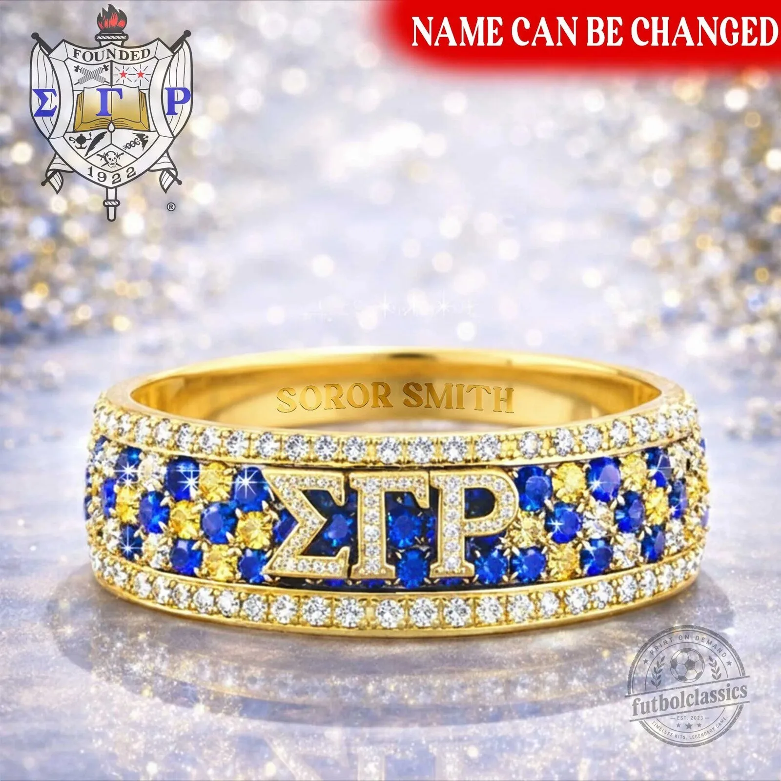 Sigma Gamma Rho Sorority Gold Plated Ring with Blue and Yellow Gemstones