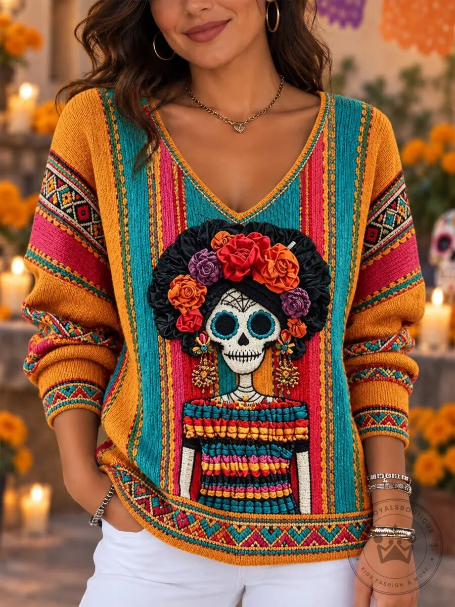 Day of the Dead Sugar Skull Embroidered V-Neck Knit Sweater