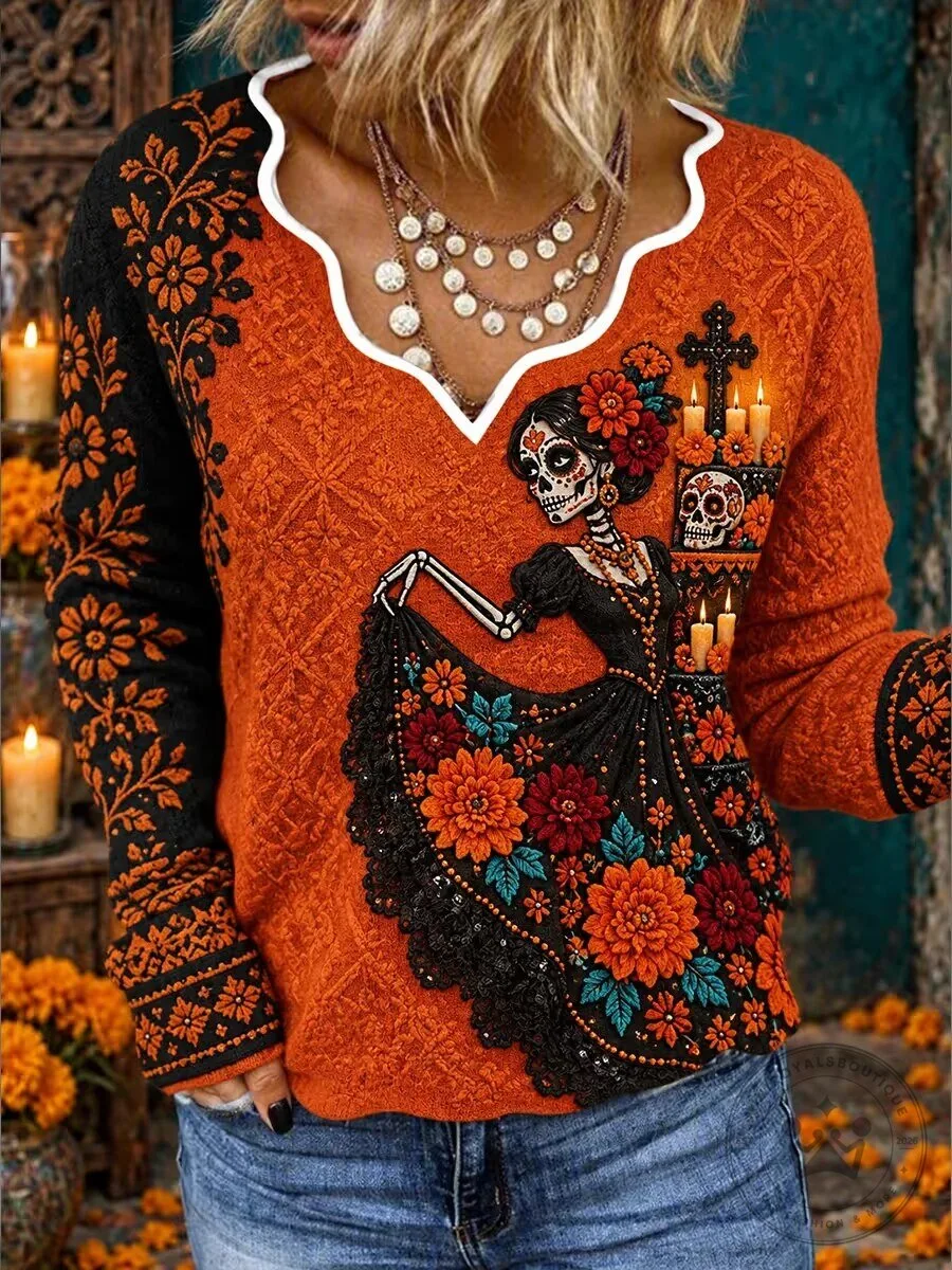 Day of the Dead Sugar Skull Woman Floral Print Orange Long-Sleeve Shirt