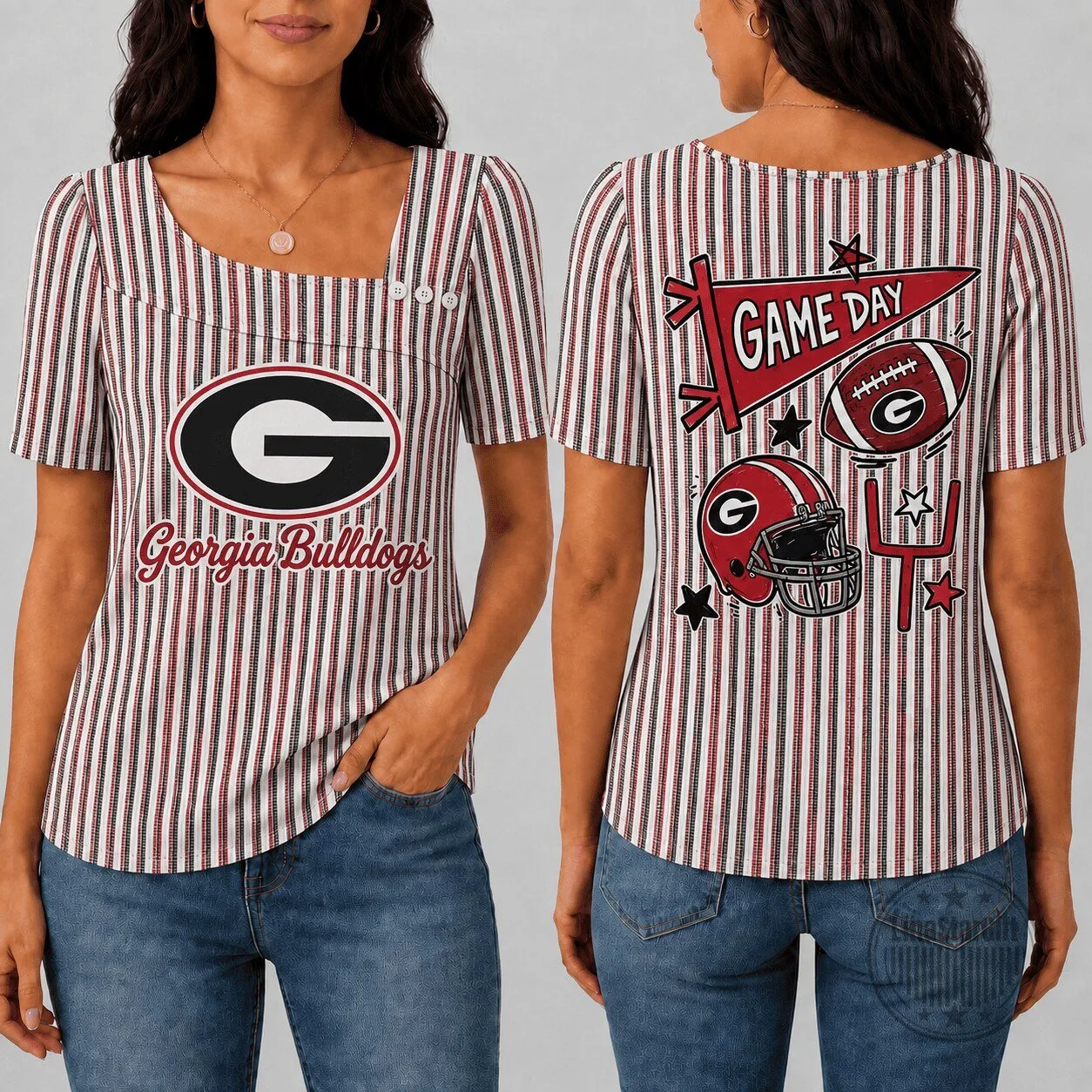 Georgia Bulldogs Shirt Square Neck Short Sleeve Striped Top