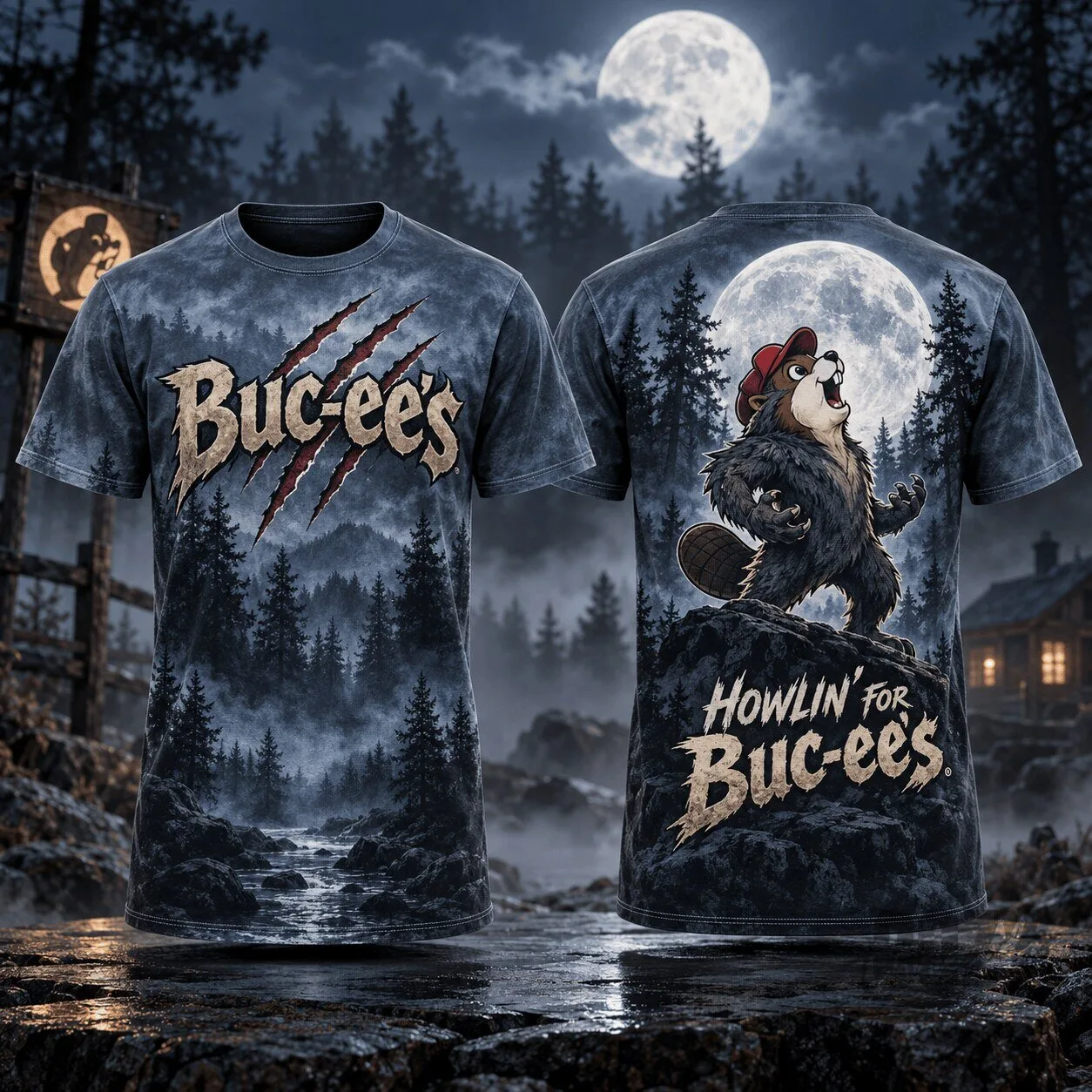 Buc-ee's Shirt Werewolf Beaver Howling Halloween Forest Night T-Shirt