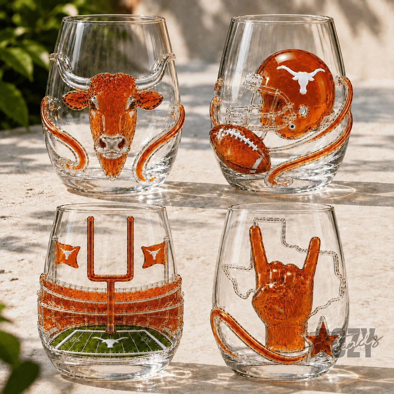 Stemless Wine Glass Set Featuring Texas Longhorns Football Team