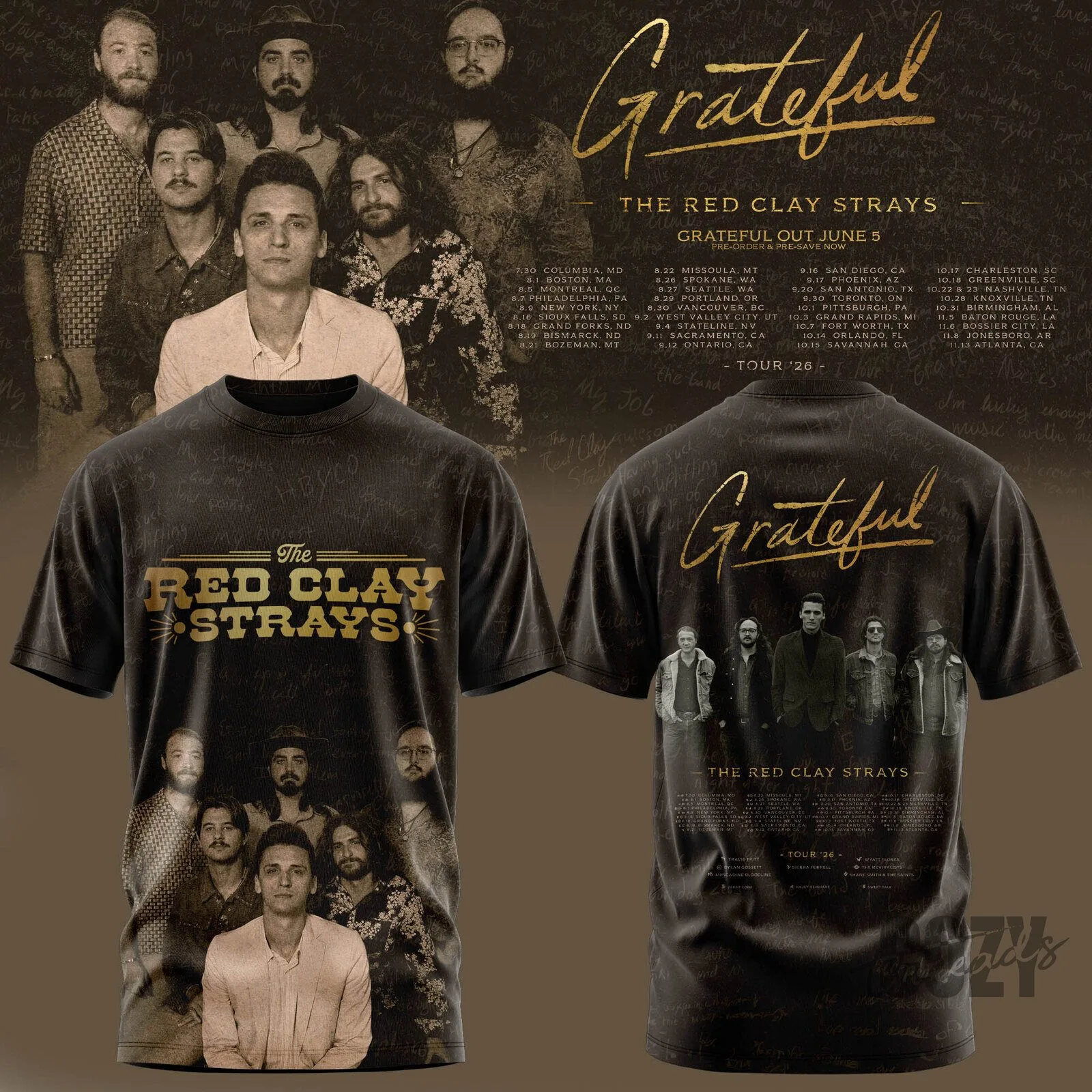 The Red Clay Strays Grateful Tour 2026 Concert Dates T-Shirt