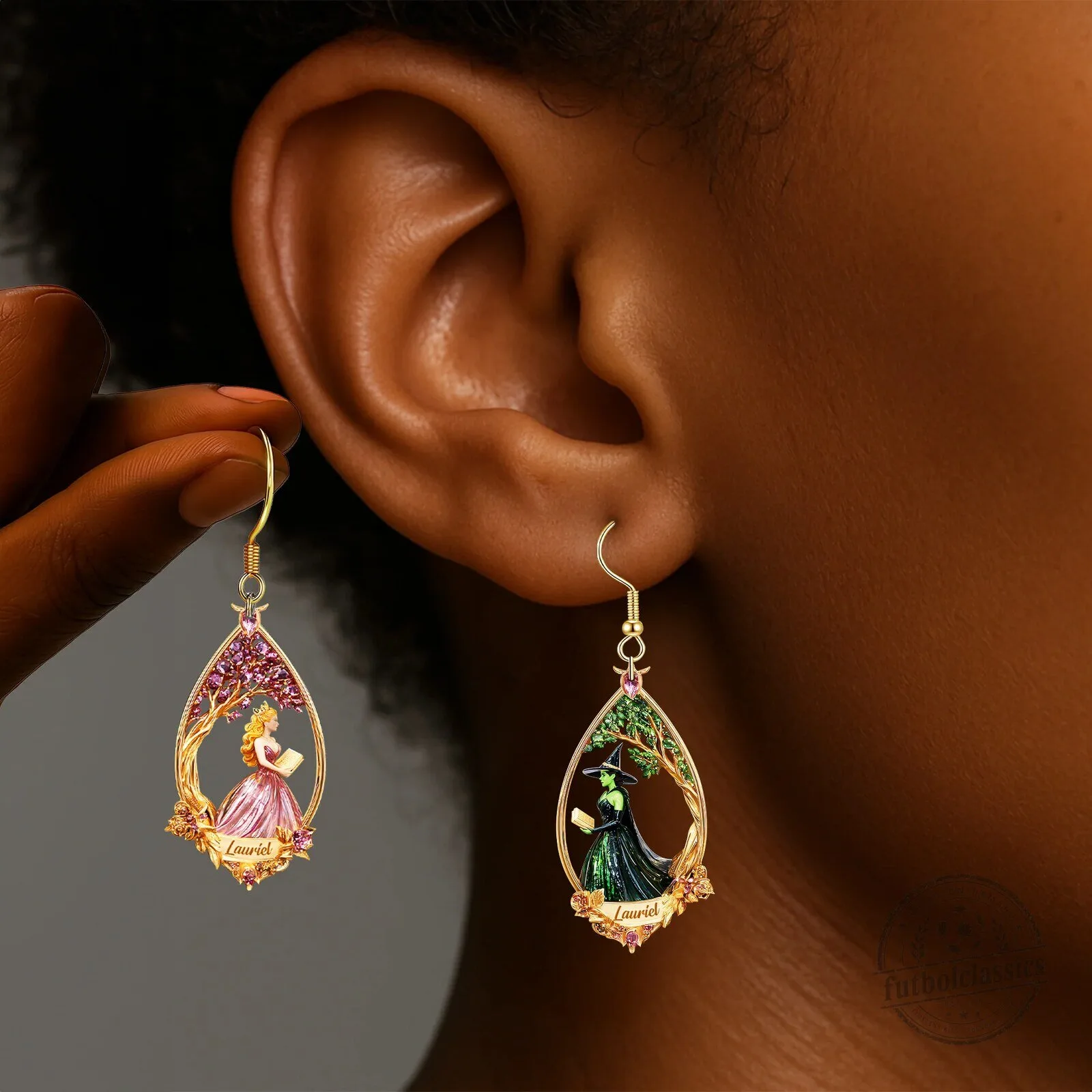 Wicked The Musical Elphaba Glinda Personalized Gold Teardrop Earrings