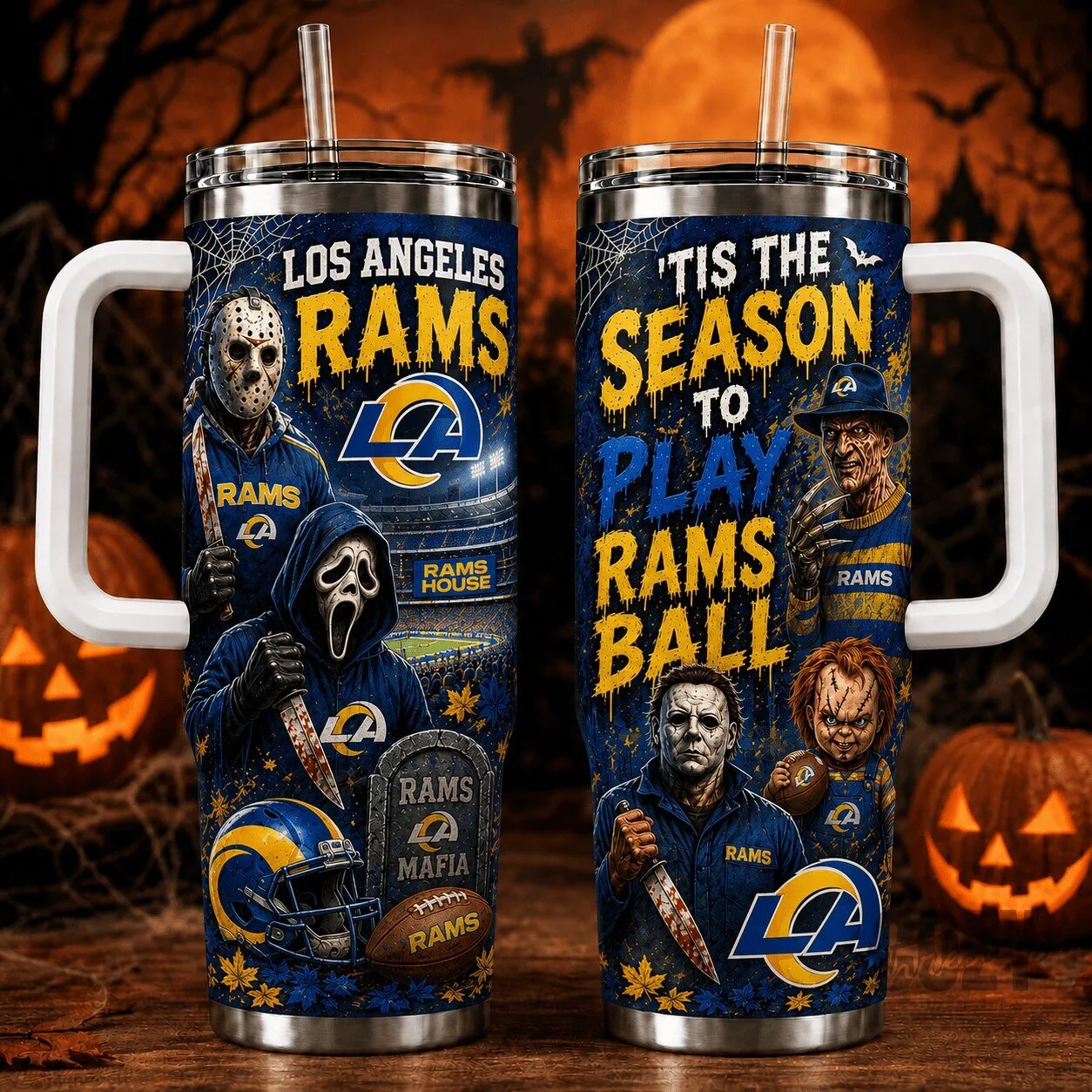Los Angeles Rams Halloween Horror Movie Characters Football Stainless Steel Tumbler