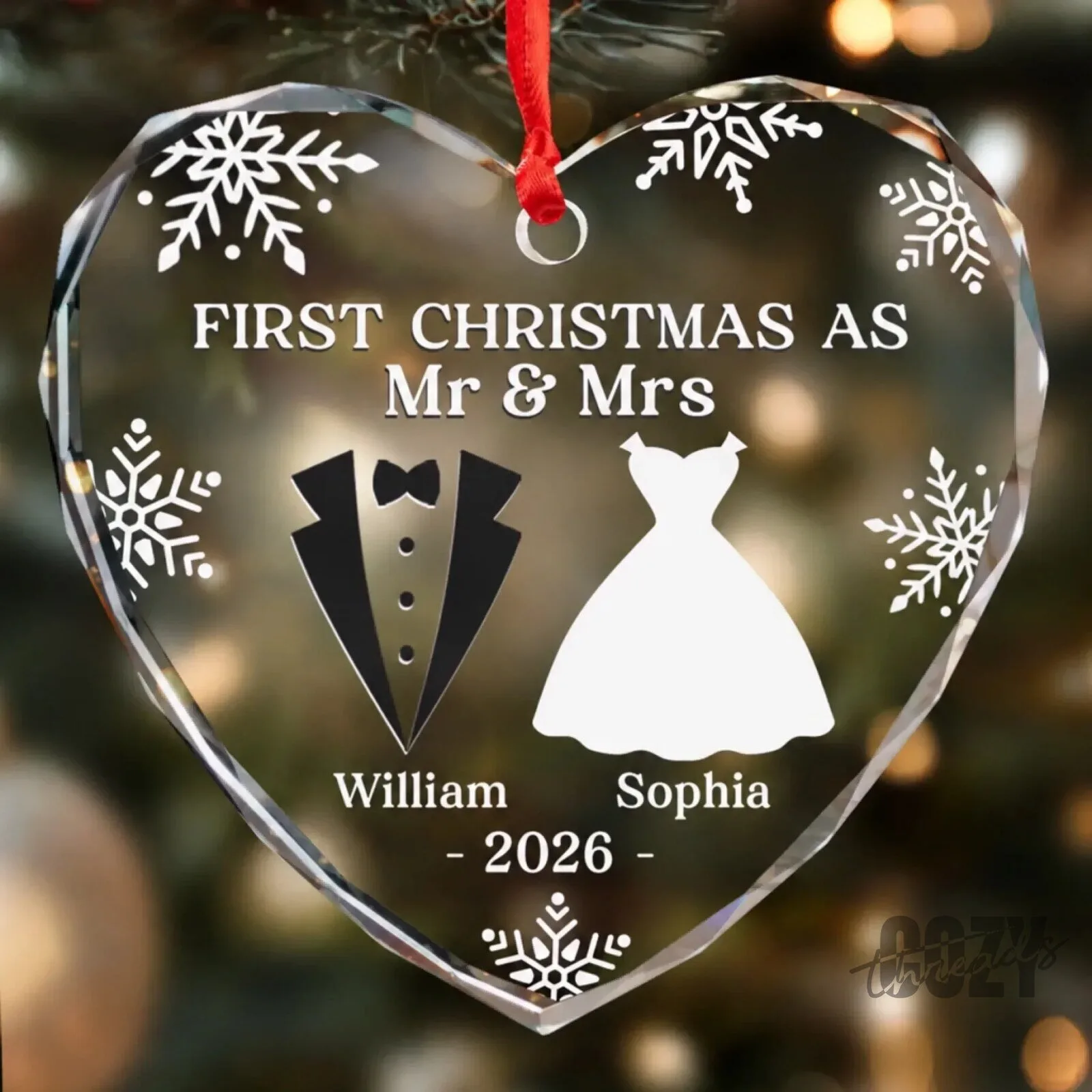Our First Christmas As Mr and Mrs Personalized Heart Shaped Glass Ornament