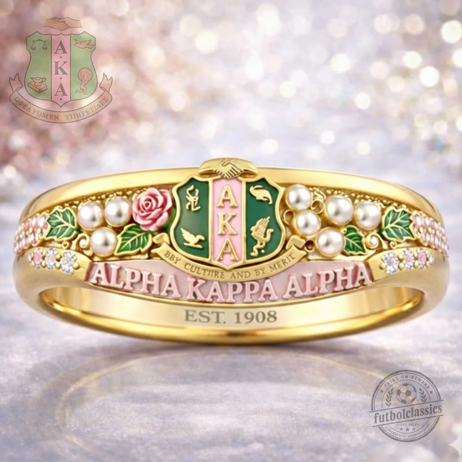 Alpha Kappa Alpha Sorority Inc. Pink and Green Pearl Rose Gold Ring