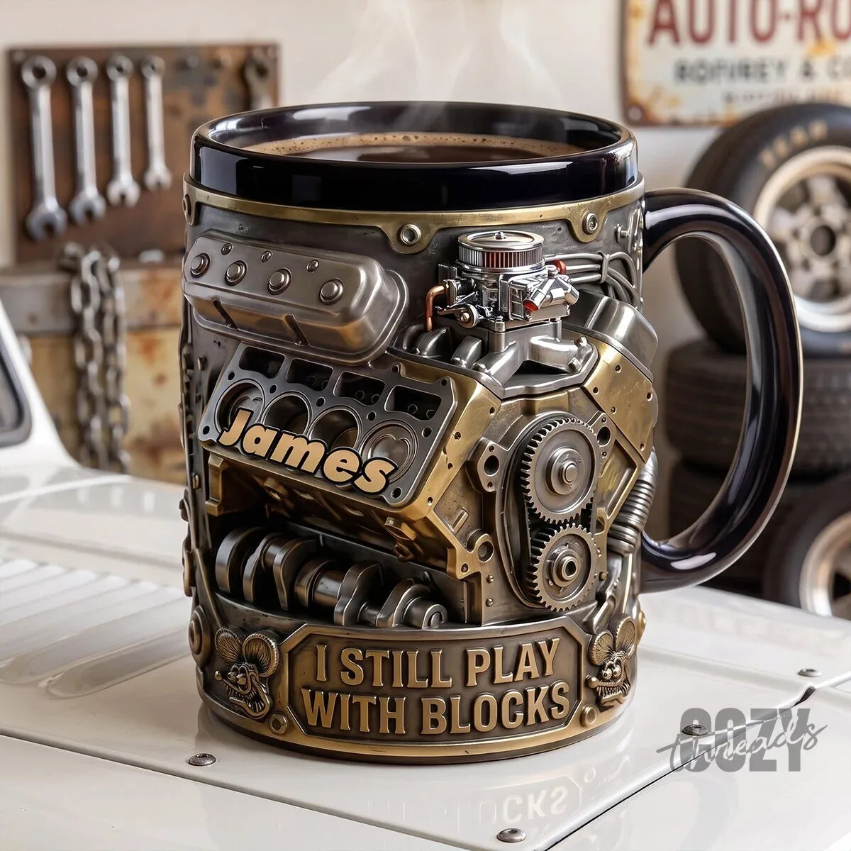 Hot Rod Engine Block Design Coffee Mug, Personalized Gift for Car Enthusiasts
