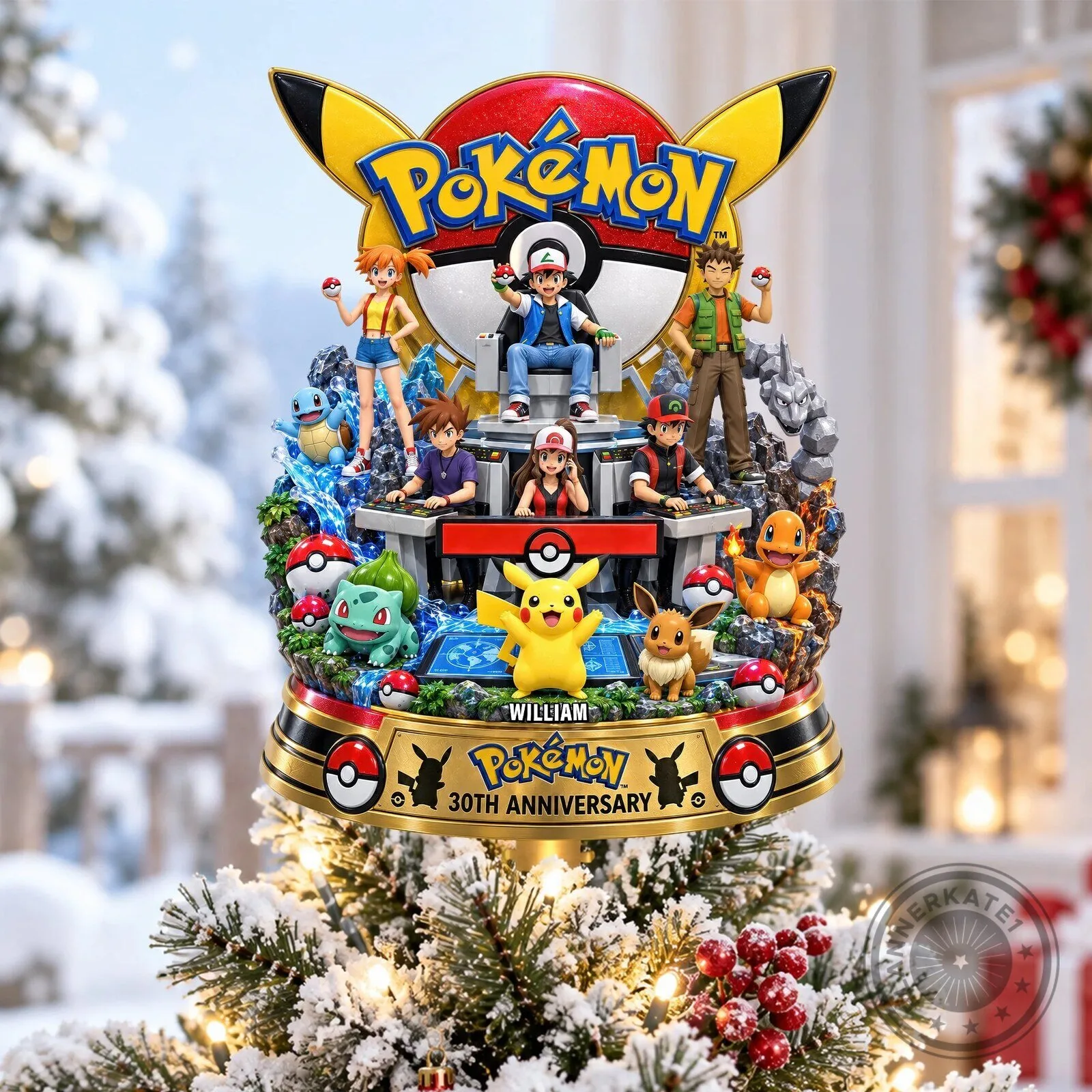 Pokemon 30th Anniversary Christmas Tree Topper with Ash and Pikachu