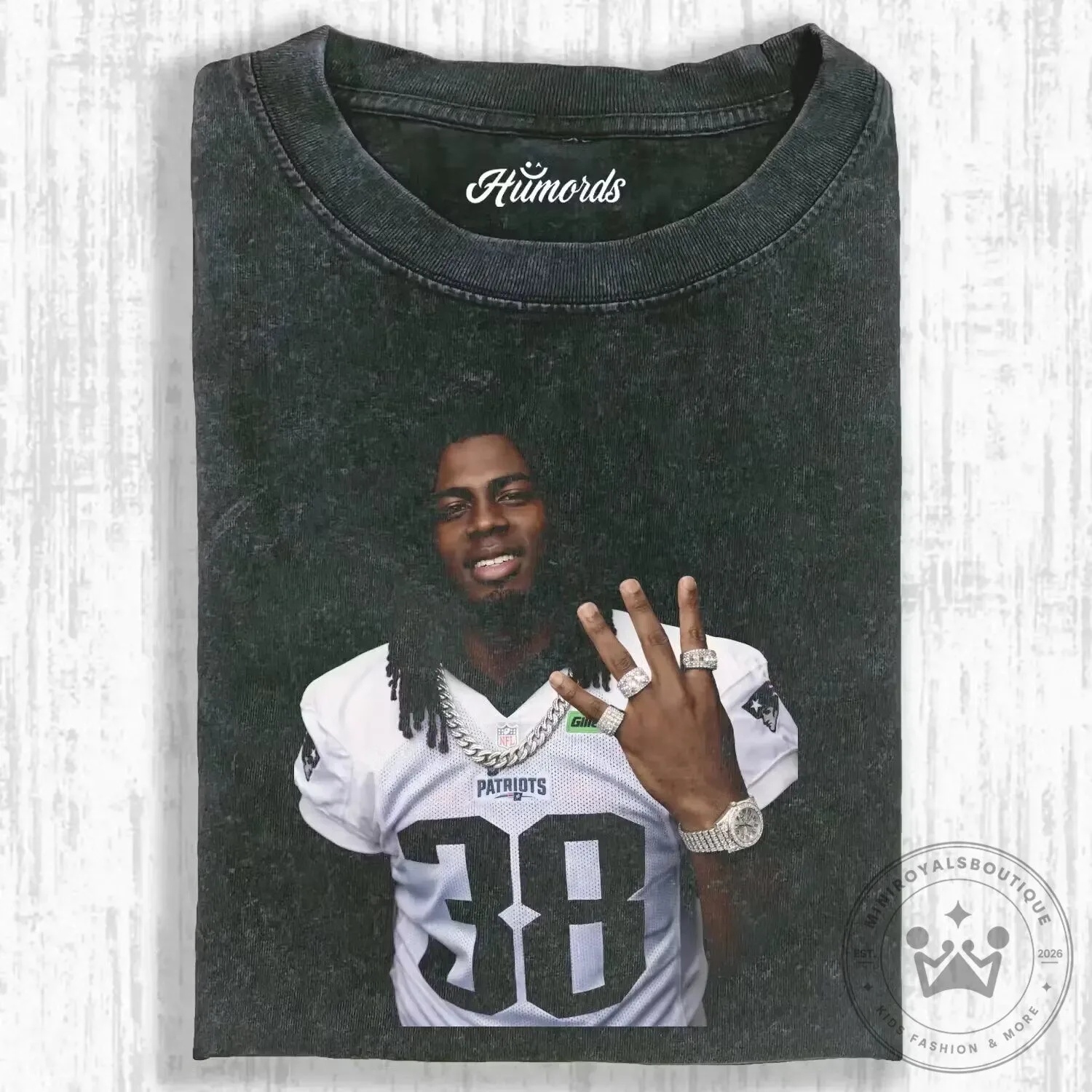 New England Patriots T-Shirt Featuring Rhamondre Stevenson, NFL Player Apparel