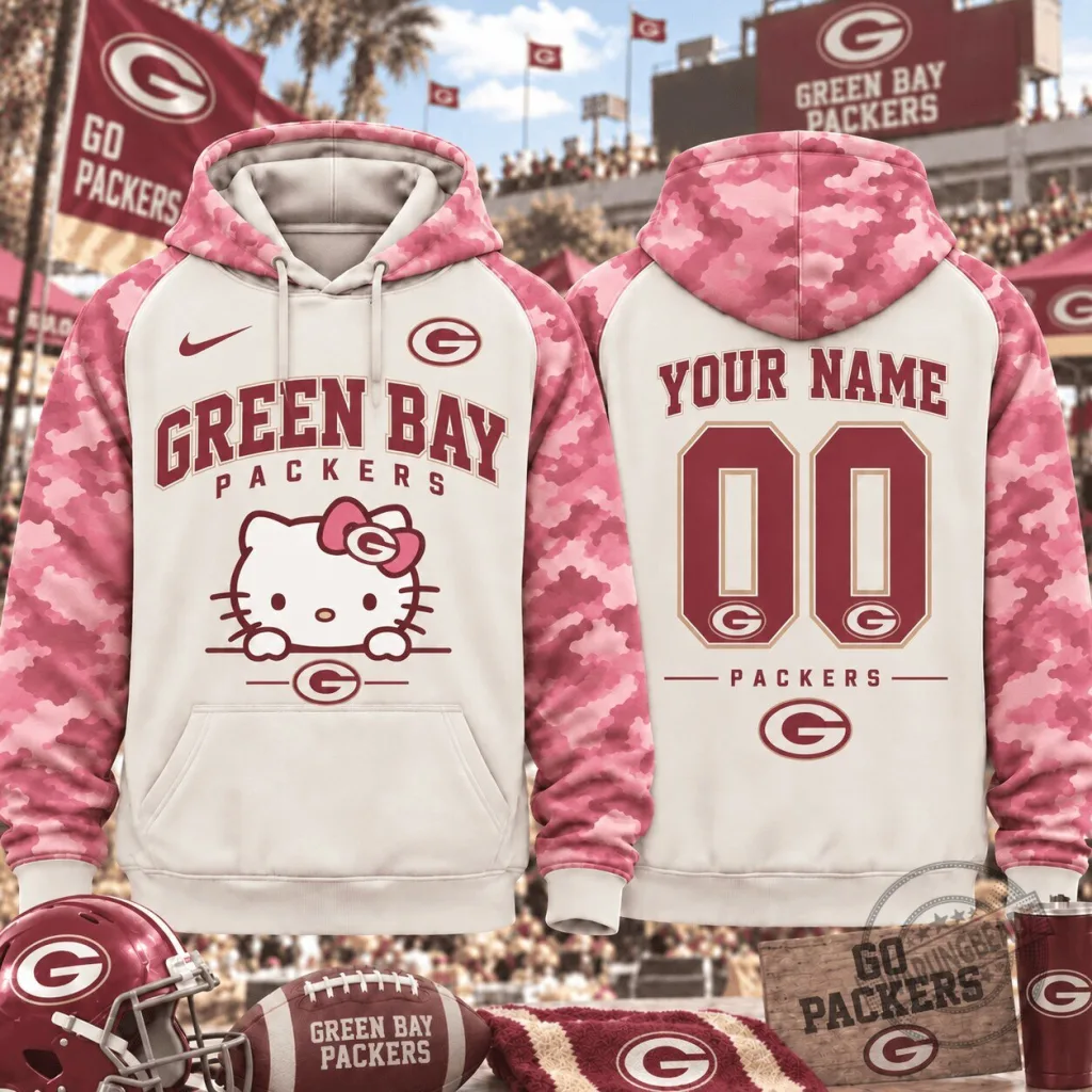 Green Bay Packers Hello Kitty Pink Camouflage Custom Hoodie Green Bay Packers Hello Kitty Pink Camouflage Custom Hoodie