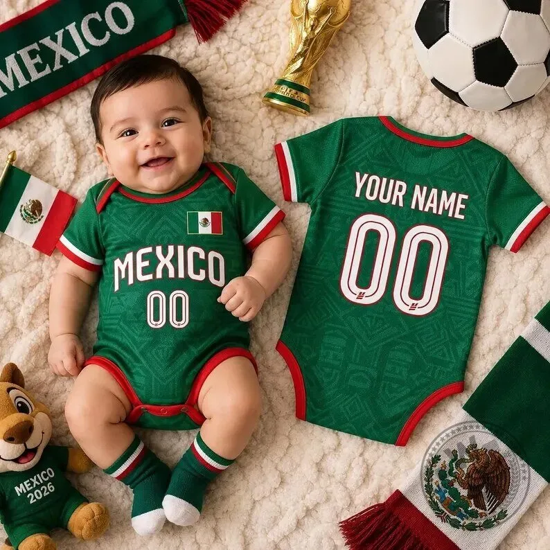 Mexico National Football Team Baby Bodysuit with Personalized Name and Number 1 Mexico National Football Team Baby Bodysuit with Personalized Name and Number