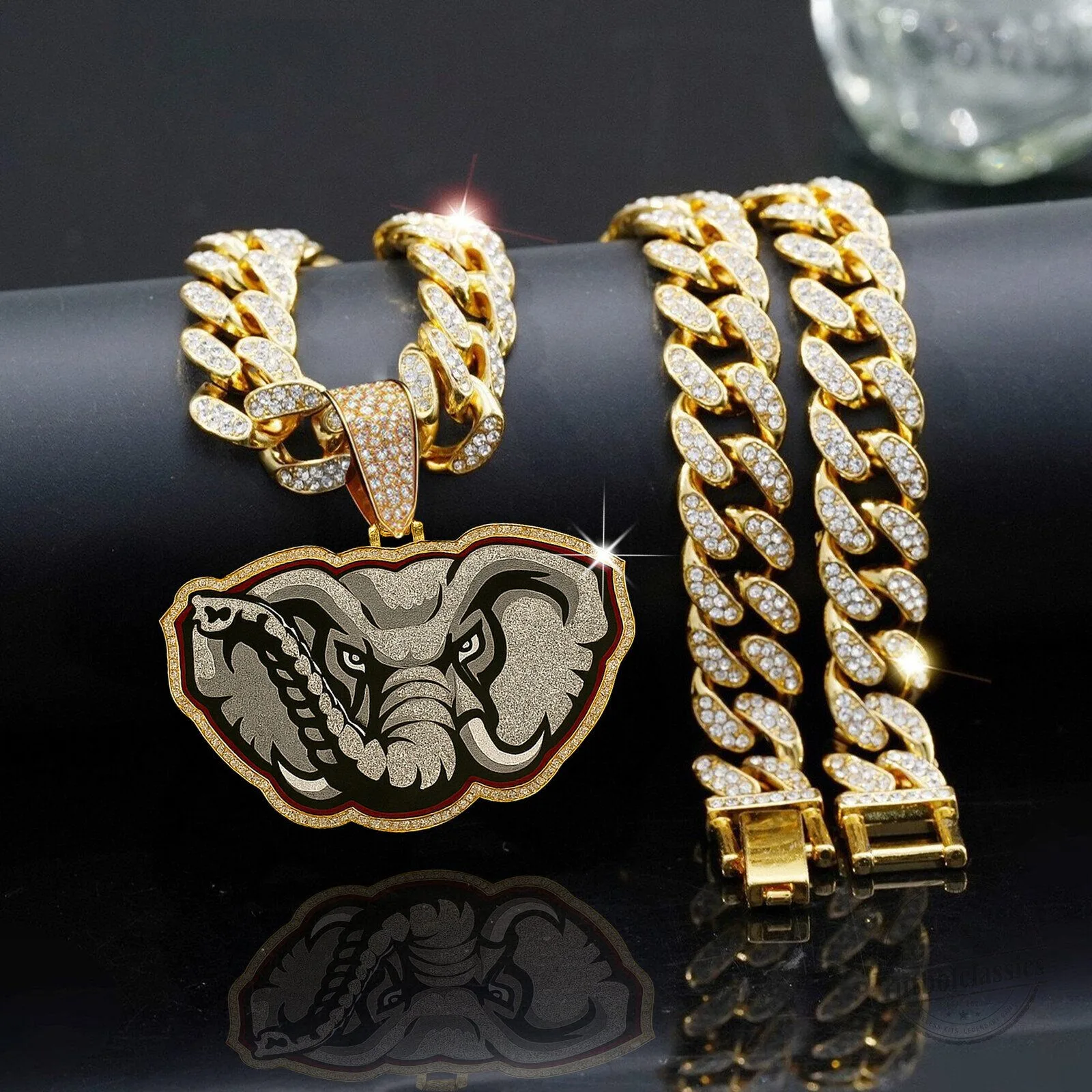 Alabama Crimson Tide Elephant Mascot Gold Plated Iced Out Pendant Necklace