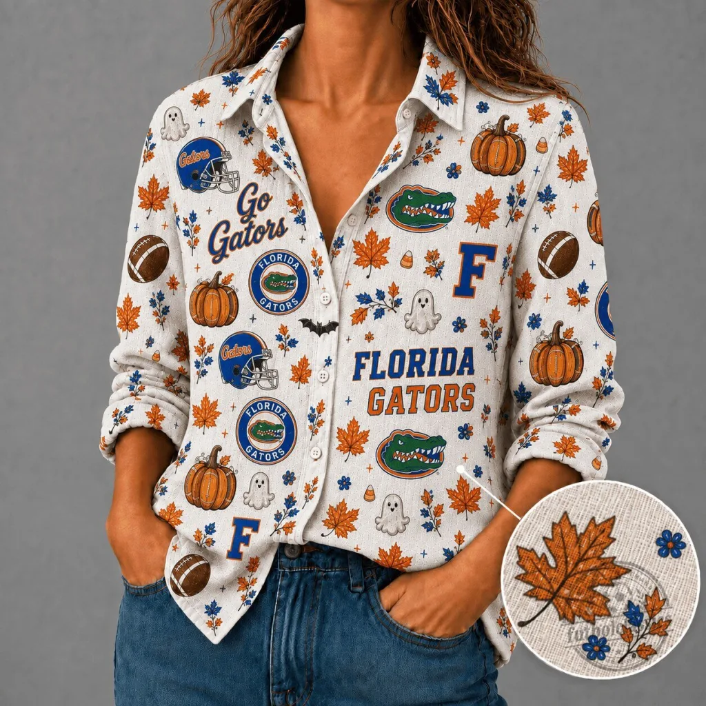 Florida Gators Autumn Fall Season Pumpkin Ghost Leaves Button Down Shirt Florida Gators Autumn Fall Season Pumpkin Ghost Leaves Button Down Shirt