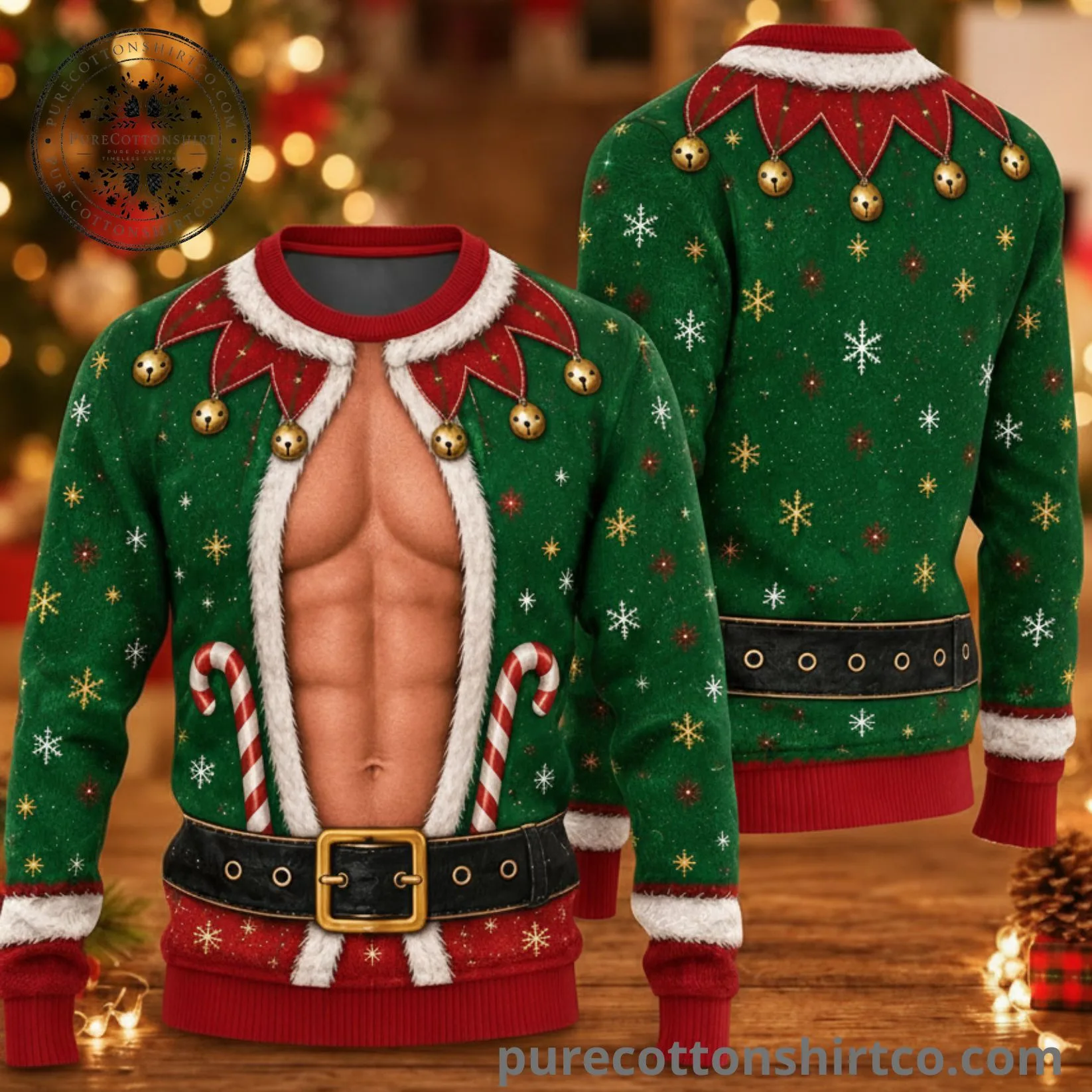 Funny Chest Elf Open Vest Ugly Christmas Sweater - Sexy Muscle Chest Holiday Printed Sweatshirt