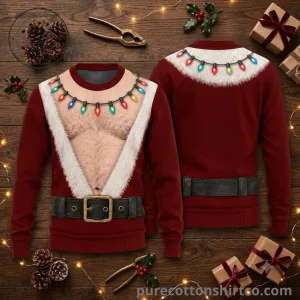 Funny Hairy Chest Santa Open Vest Ugly Christmas Sweater Sexy Muscle Chest Holiday Printed Sweatshirt 1
