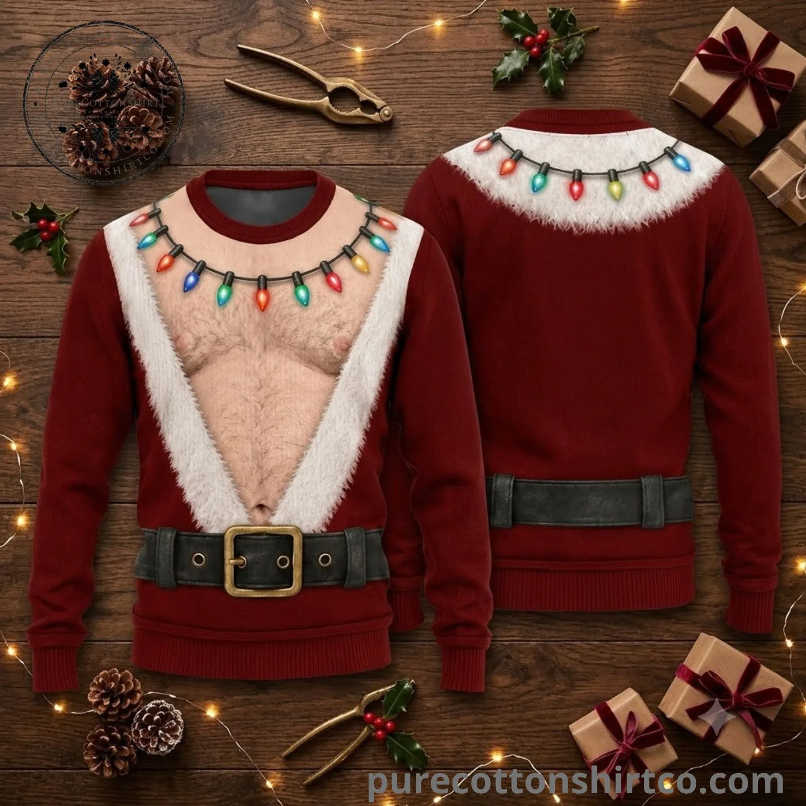 Funny Hairy Chest Santa Open Vest Ugly Christmas Sweater - Sexy Muscle Chest Holiday Printed Sweatshirt