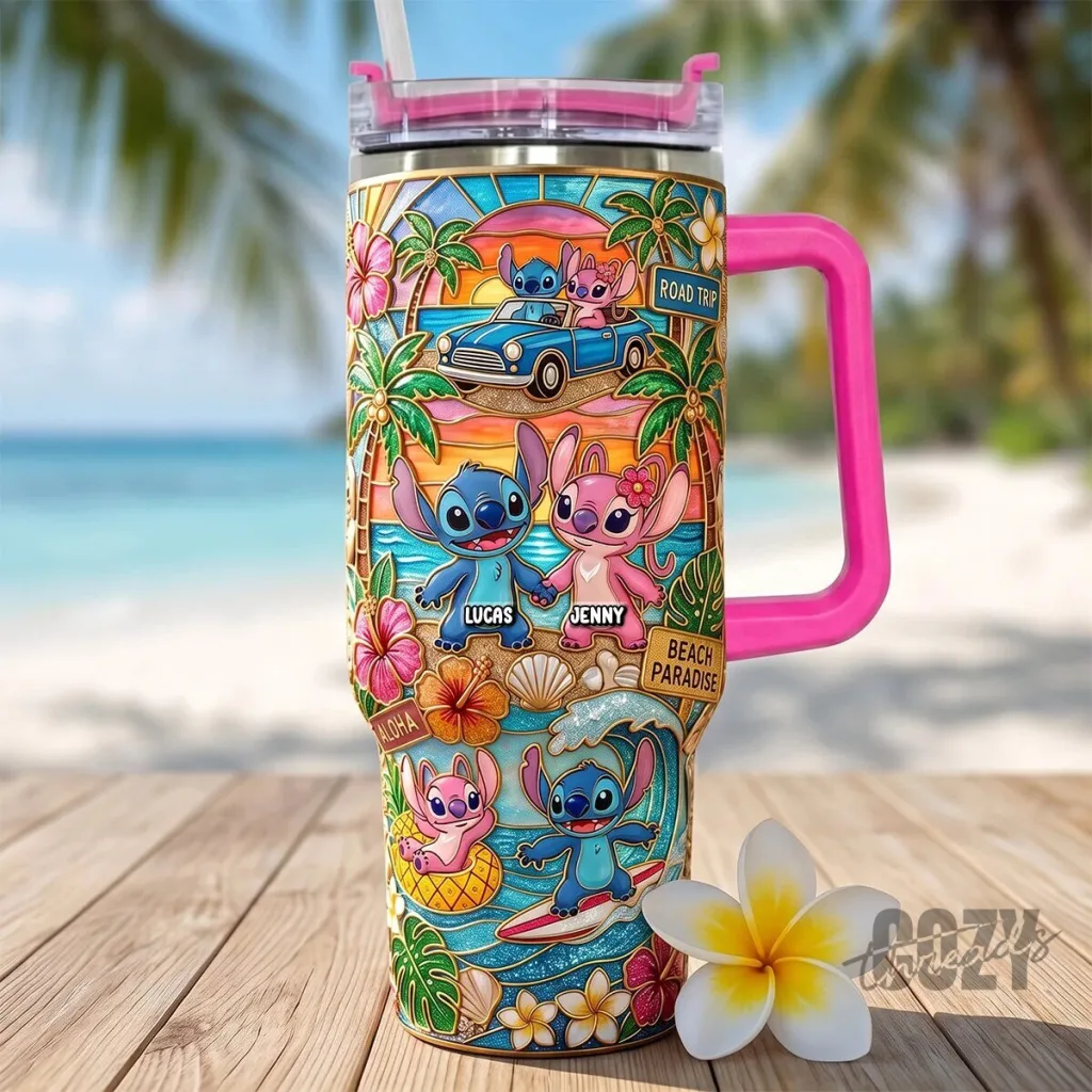 Personalized Stitch and Angel Couple Beach Paradise Road Trip Tumbler with Handle Personalized Stitch and Angel Couple Beach Paradise Road Trip Tumbler with Handle