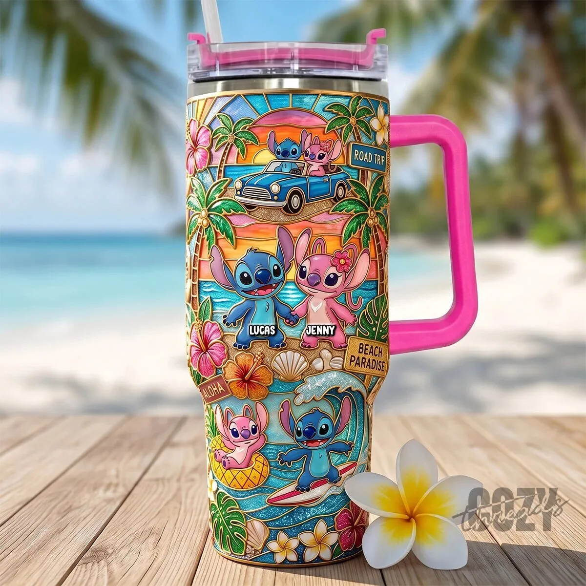 Personalized Stitch and Angel Couple Beach Paradise Road Trip Tumbler with Handle