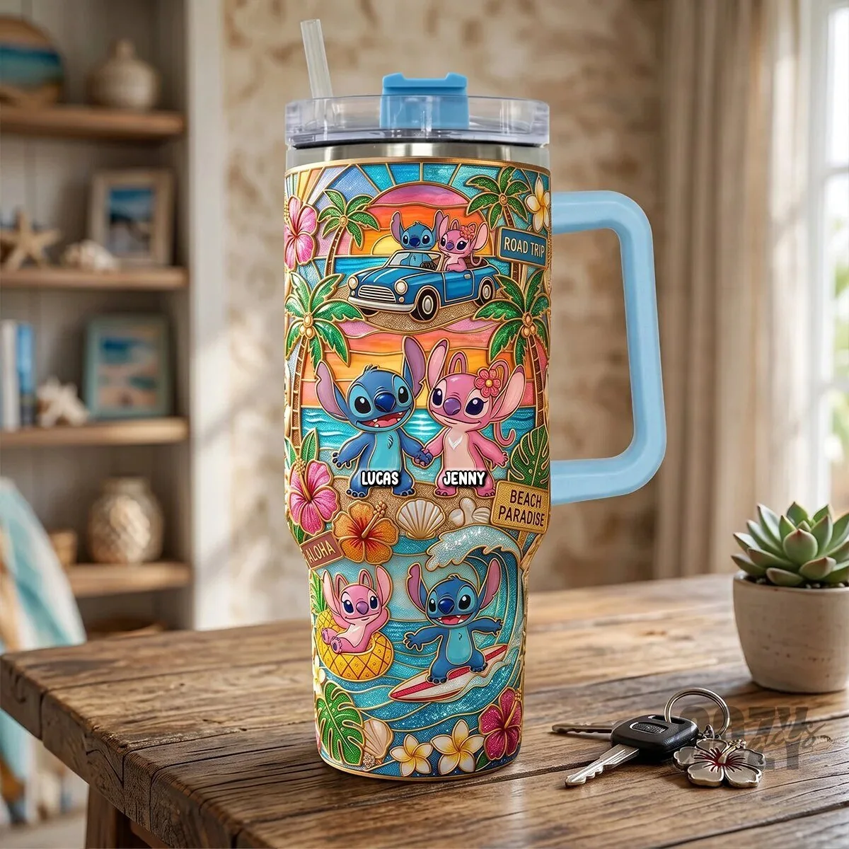 Personalized Stitch and Angel Couple Beach Paradise Road Trip Tumbler with Handle 7 Personalized Stitch and Angel Couple Beach Paradise Road Trip Tumbler with Handle