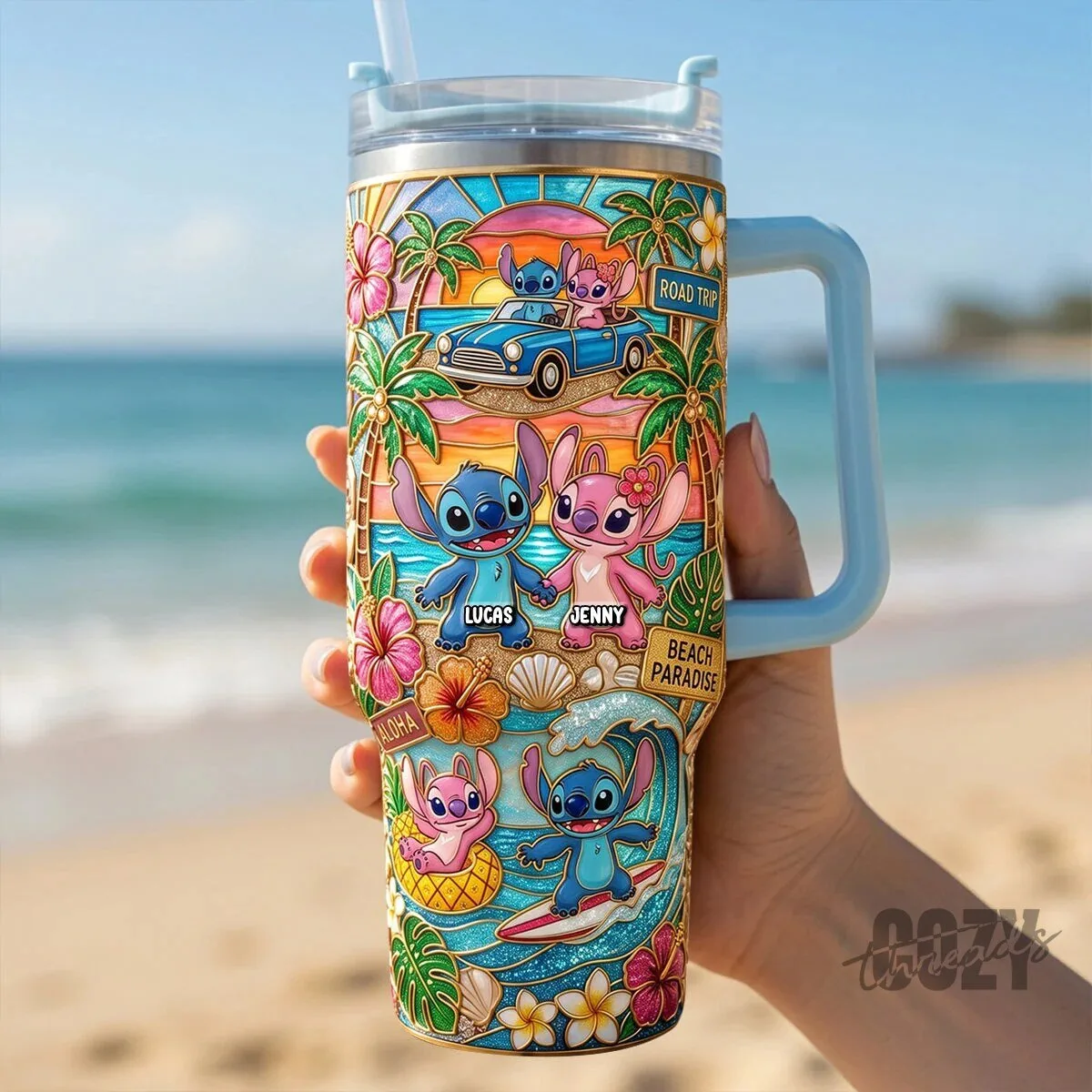 Personalized Stitch and Angel Couple Beach Paradise Road Trip Tumbler with Handle 8 Personalized Stitch and Angel Couple Beach Paradise Road Trip Tumbler with Handle