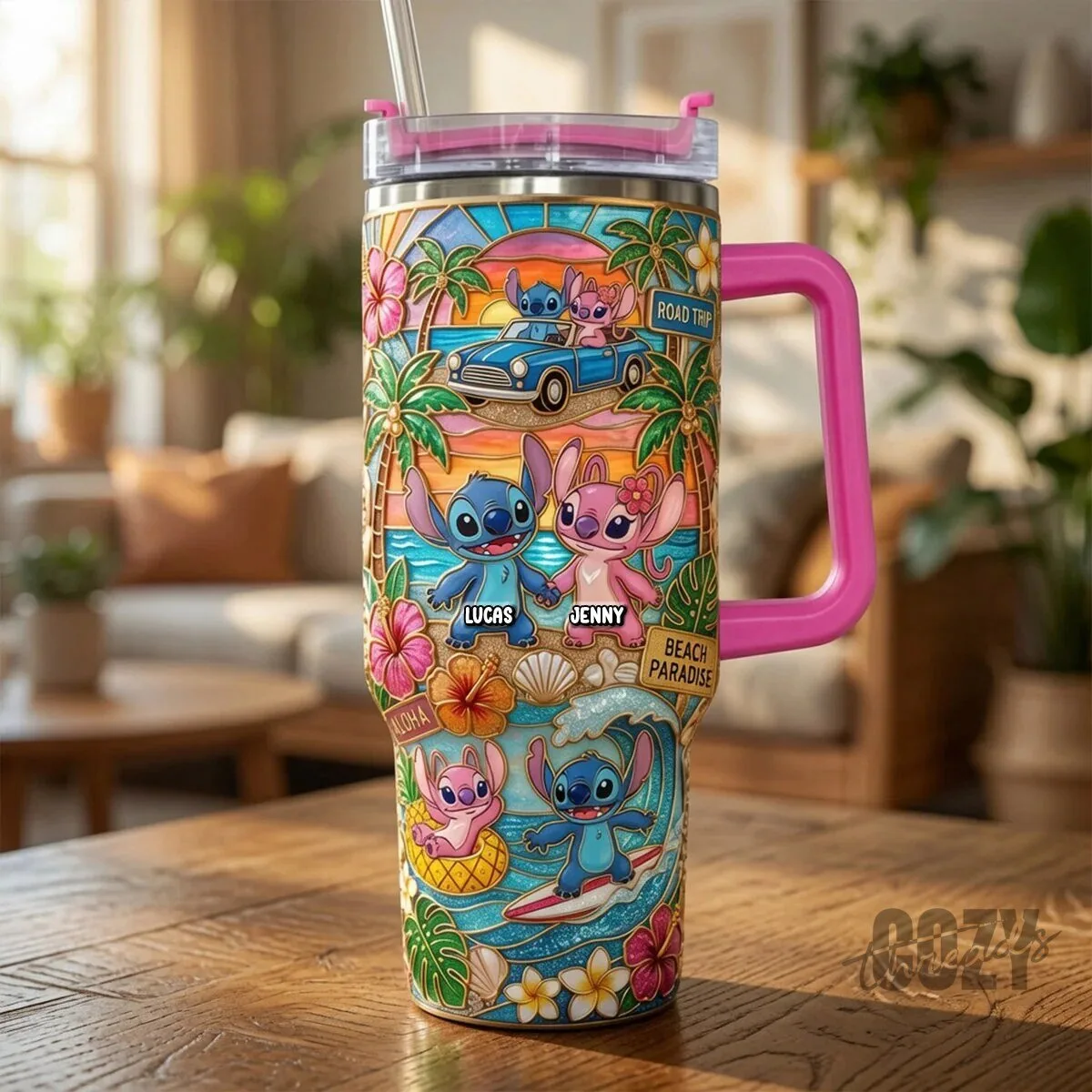 Personalized Stitch and Angel Couple Beach Paradise Road Trip Tumbler with Handle 9 Personalized Stitch and Angel Couple Beach Paradise Road Trip Tumbler with Handle