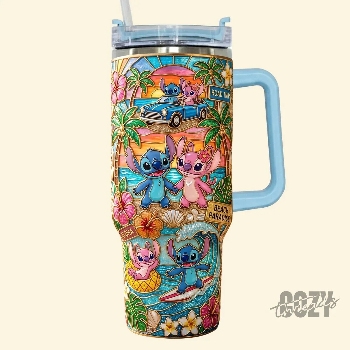Personalized Stitch and Angel Couple Beach Paradise Road Trip Tumbler with Handle 10 Personalized Stitch and Angel Couple Beach Paradise Road Trip Tumbler with Handle