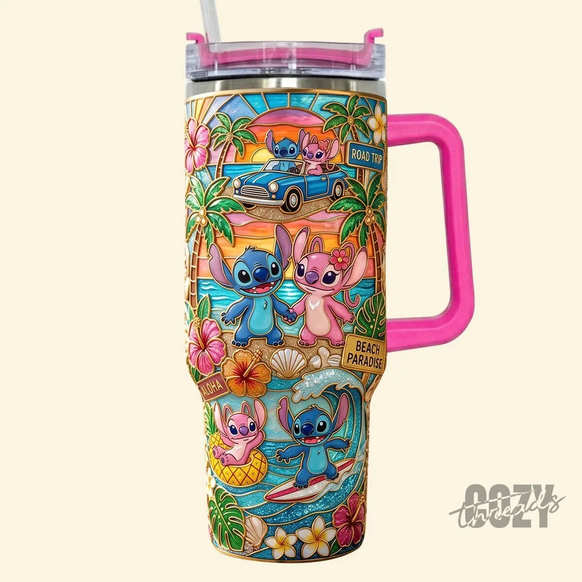 Personalized Stitch and Angel Couple Beach Paradise Road Trip Tumbler with Handle 11 Personalized Stitch and Angel Couple Beach Paradise Road Trip Tumbler with Handle