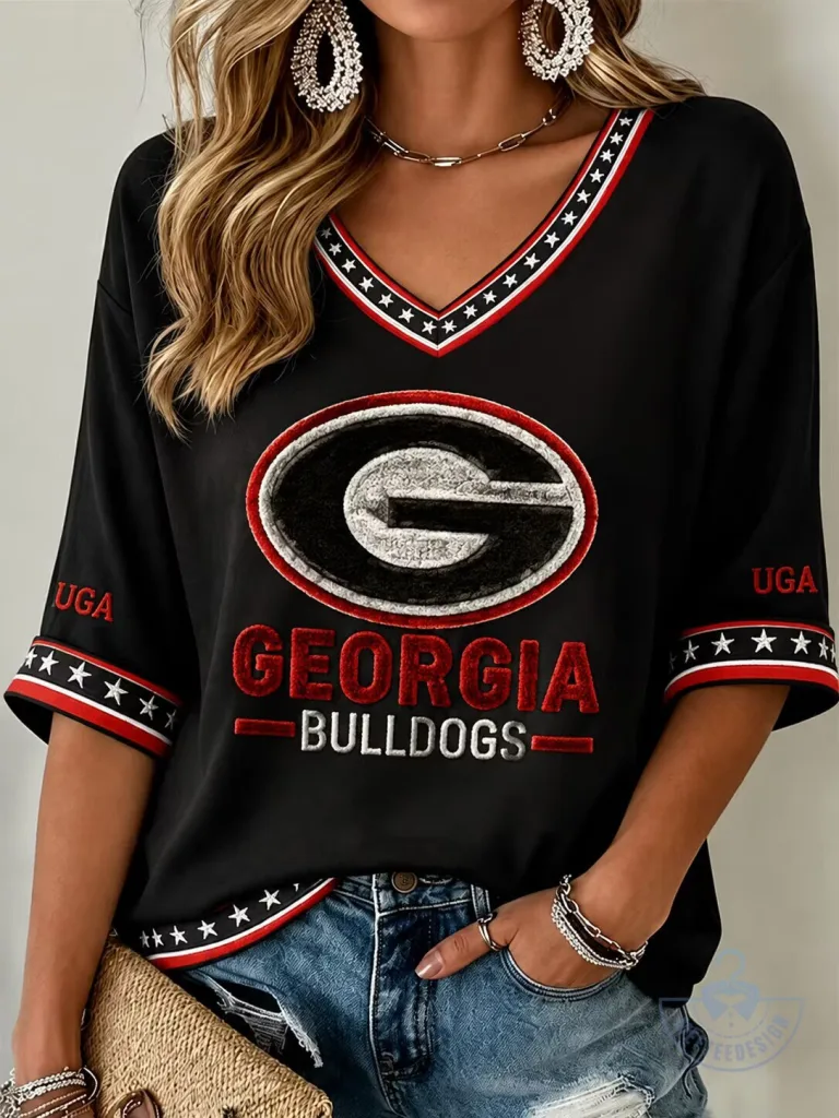 Georgia Bulldogs NCAA Football Team Logo Black Women's V-Neck T-Shirt 18 Georgia Bulldogs NCAA Football Team Logo Black Women's V-Neck T-Shirt