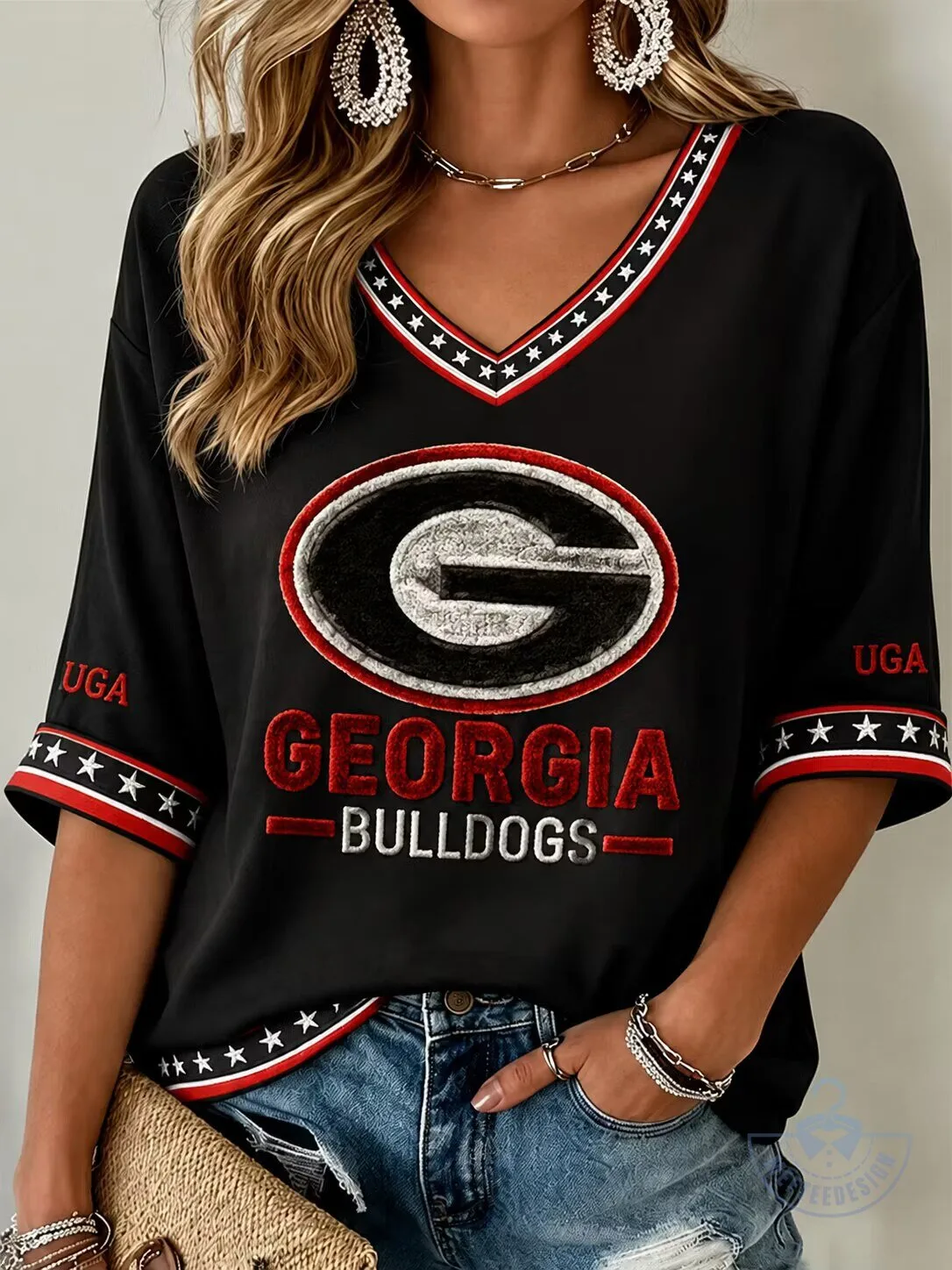 Georgia Bulldogs NCAA Football Team Logo Black Women's V-Neck T-Shirt 1 Georgia Bulldogs NCAA Football Team Logo Black Women