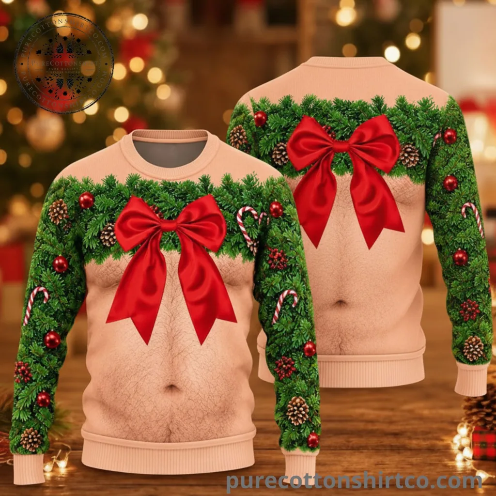 Funny Hairy Chest Wreath & Red Bow Ugly Christmas Sweater - Sexy Muscle Bare Chest Graphic Sweatshirt (1) Funny Hairy Chest Wreath & Red Bow Ugly Christmas Sweater – Sexy Muscle Bare Chest Graphic Sweatshirt