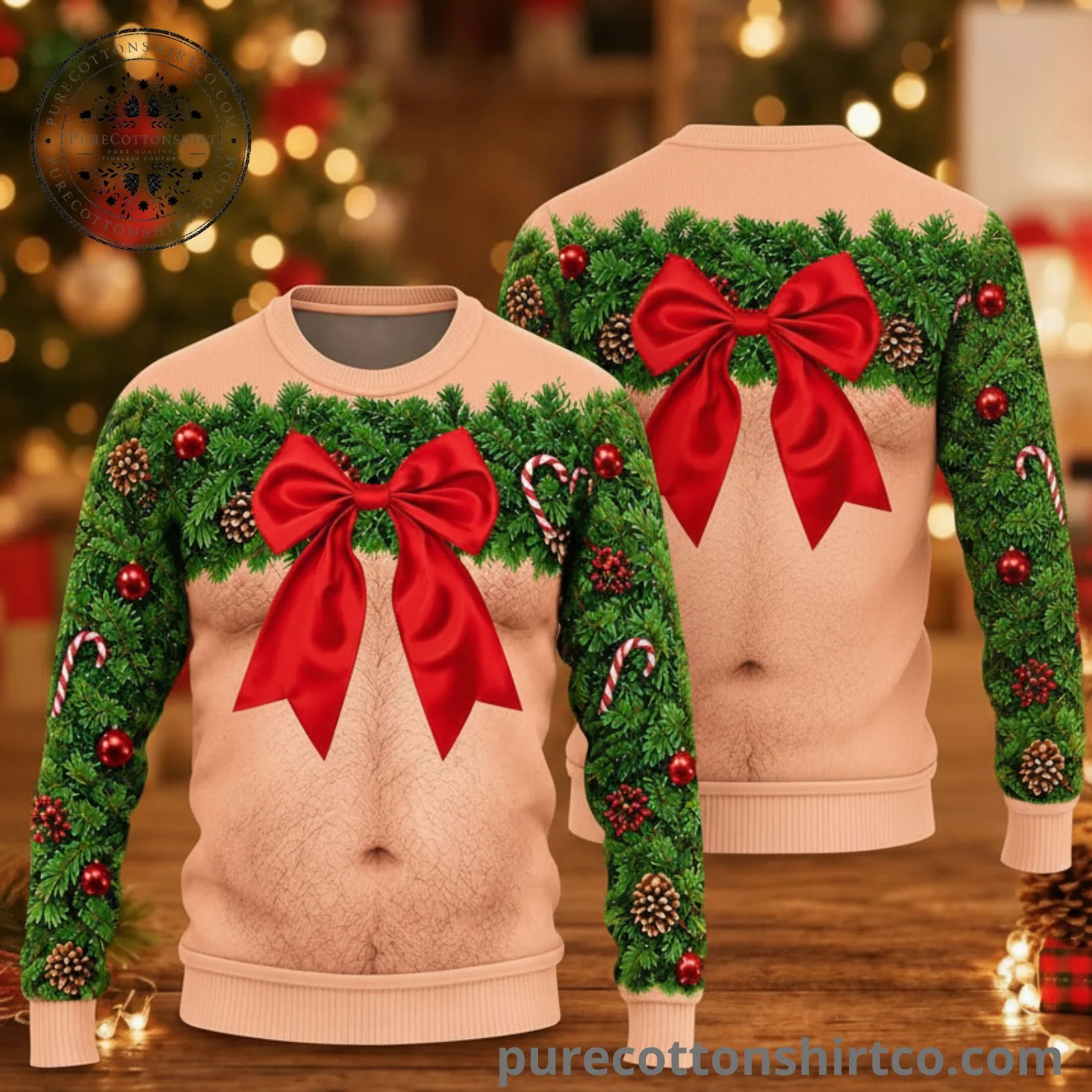 Funny Hairy Chest Wreath & Red Bow Ugly Christmas Sweater - Sexy Muscle Bare Chest Graphic Sweatshirt
