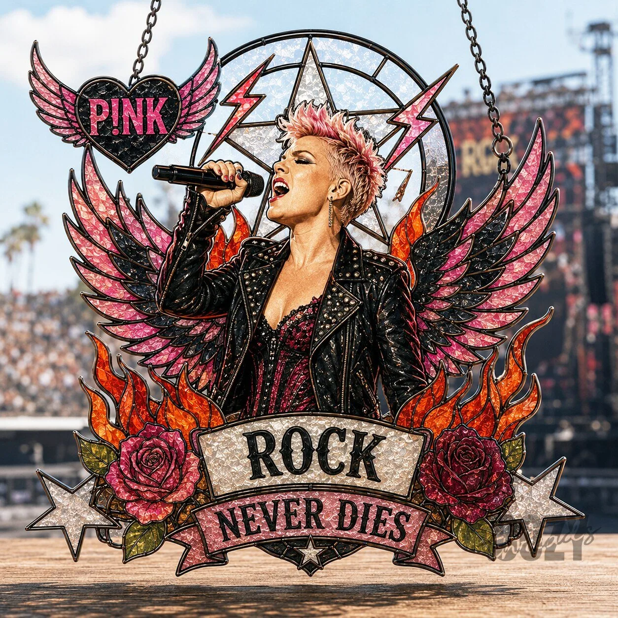 Pink Rock Never Dies Stained Glass Suncatcher Window Hanging Wall Art