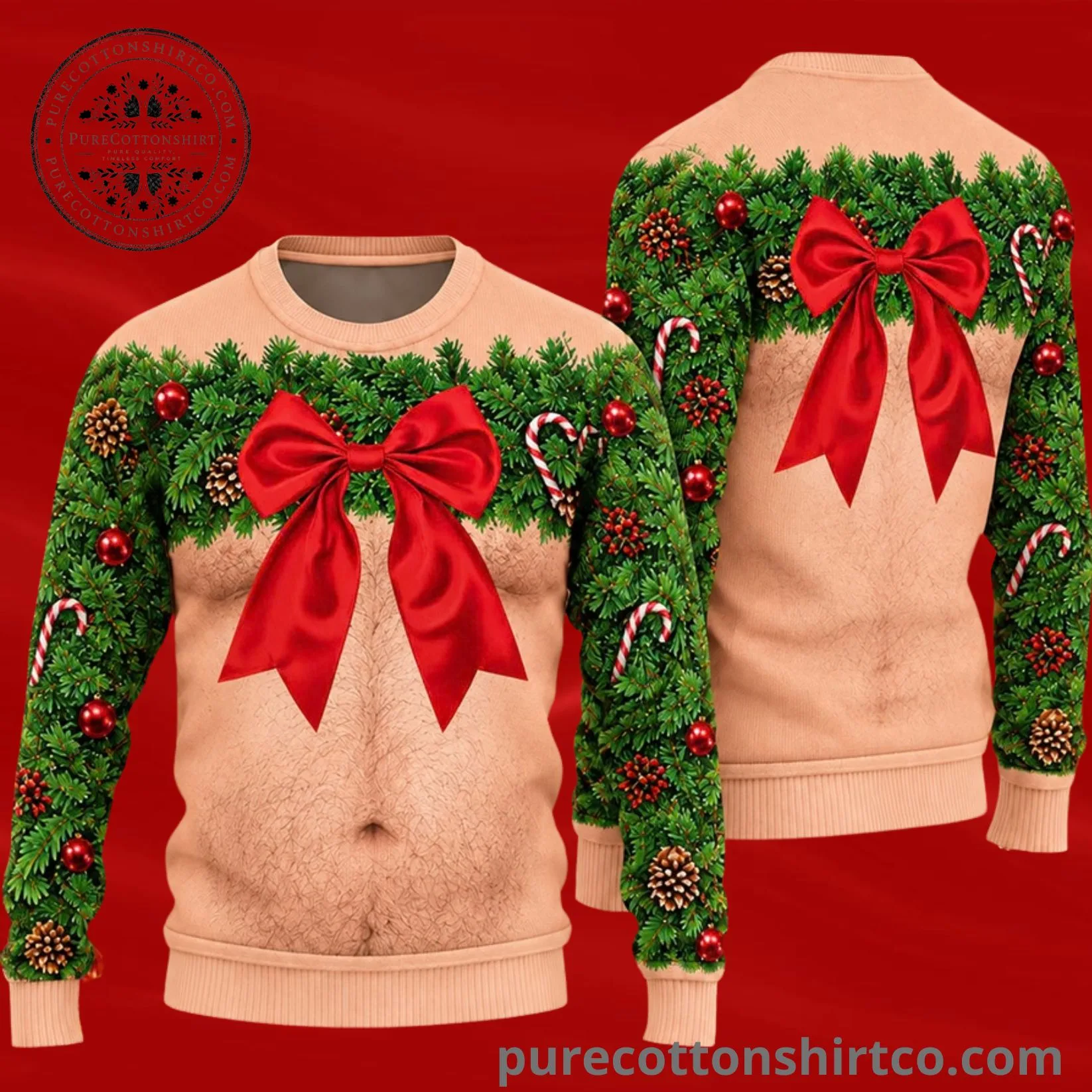 Funny Hairy Chest Wreath & Red Bow Ugly Christmas Sweater - Sexy Muscle Bare Chest Graphic Sweatshirt (2) Funny Hairy Chest Wreath & Red Bow Ugly Christmas Sweater – Sexy Muscle Bare Chest Graphic Sweatshirt — image 2