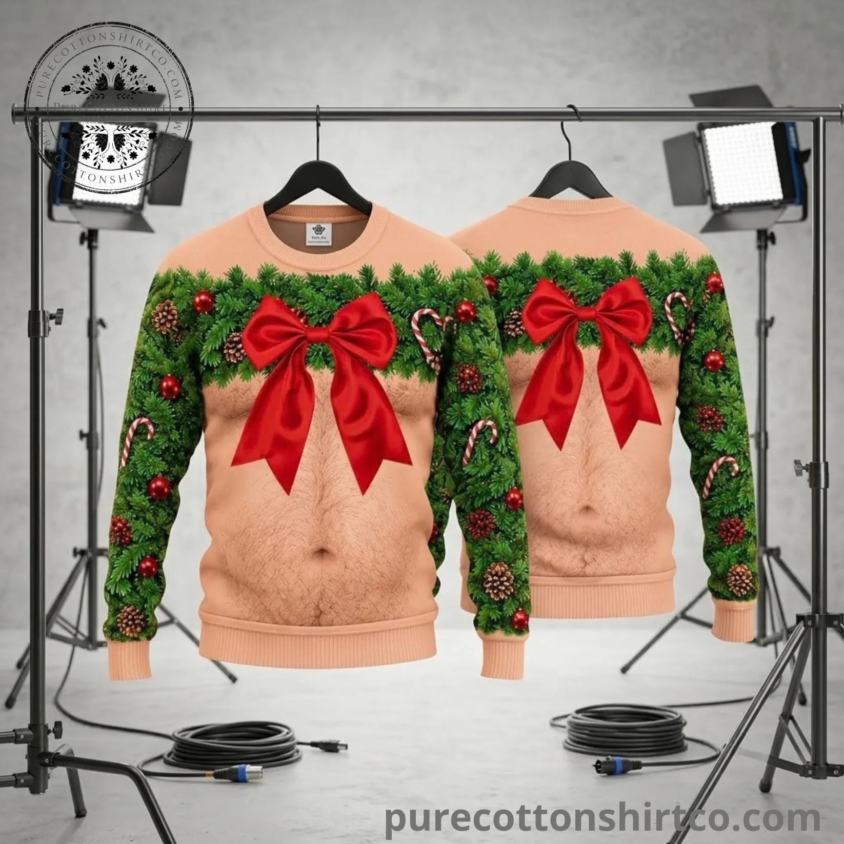 Funny Hairy Chest Wreath & Red Bow Ugly Christmas Sweater - Sexy Muscle Bare Chest Graphic Sweatshirt (3) Funny Hairy Chest Wreath & Red Bow Ugly Christmas Sweater – Sexy Muscle Bare Chest Graphic Sweatshirt — image 3