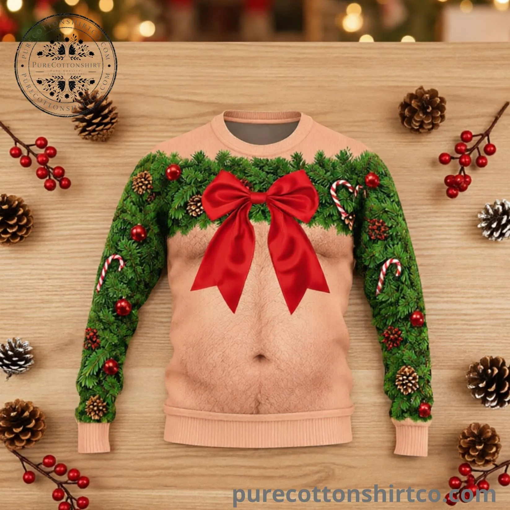 Funny Hairy Chest Wreath & Red Bow Ugly Christmas Sweater - Sexy Muscle Bare Chest Graphic Sweatshirt (4) Funny Hairy Chest Wreath & Red Bow Ugly Christmas Sweater – Sexy Muscle Bare Chest Graphic Sweatshirt — image 4