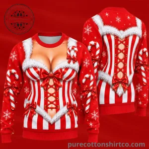 Funny Candy Cane Corset Cleavage Ugly Christmas Sweater Sexy Mrs Claus Holiday Graphic Sweatshirt 2