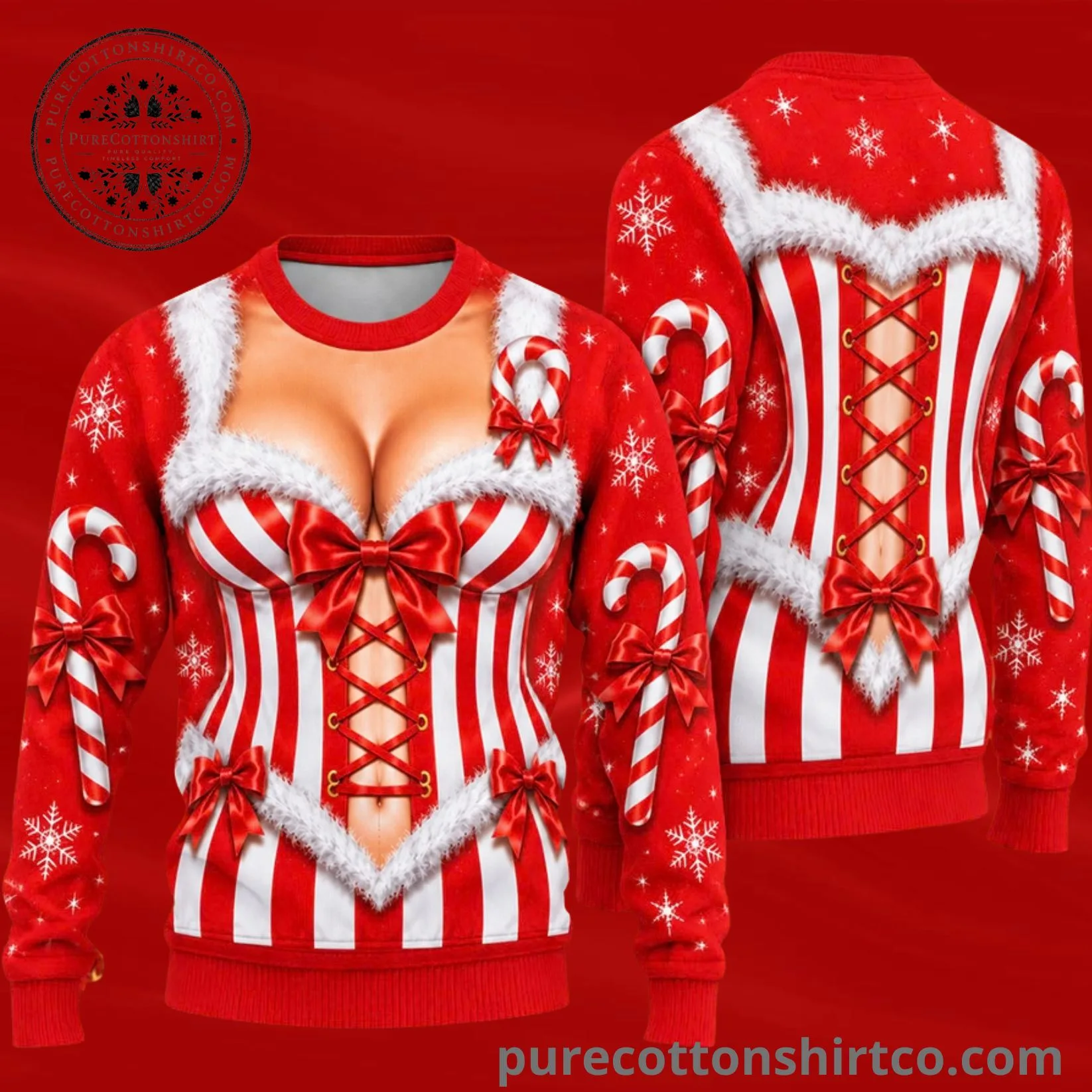 Funny Candy Cane Corset Cleavage Ugly Christmas Sweater - Sexy Mrs Claus Holiday Graphic Sweatshirt
