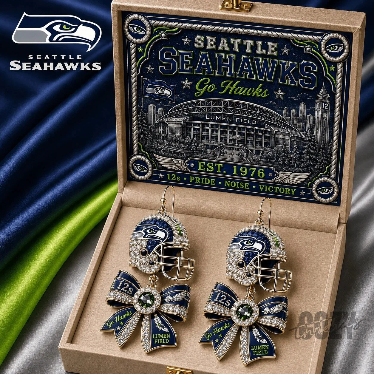 Seattle Seahawks Football Helmet Dangle Earrings with Bows