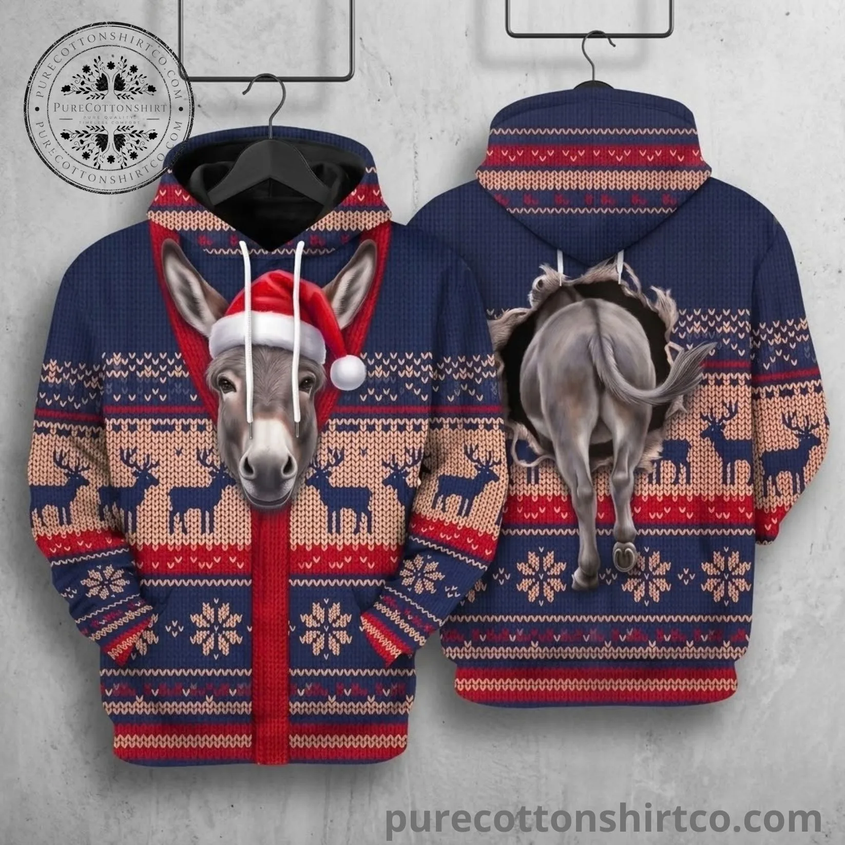 Funny Christmas Donkey Ugly Christmas Hoodie - 3D Graphic Reindeer Pattern Zip-Up Sweatshirt