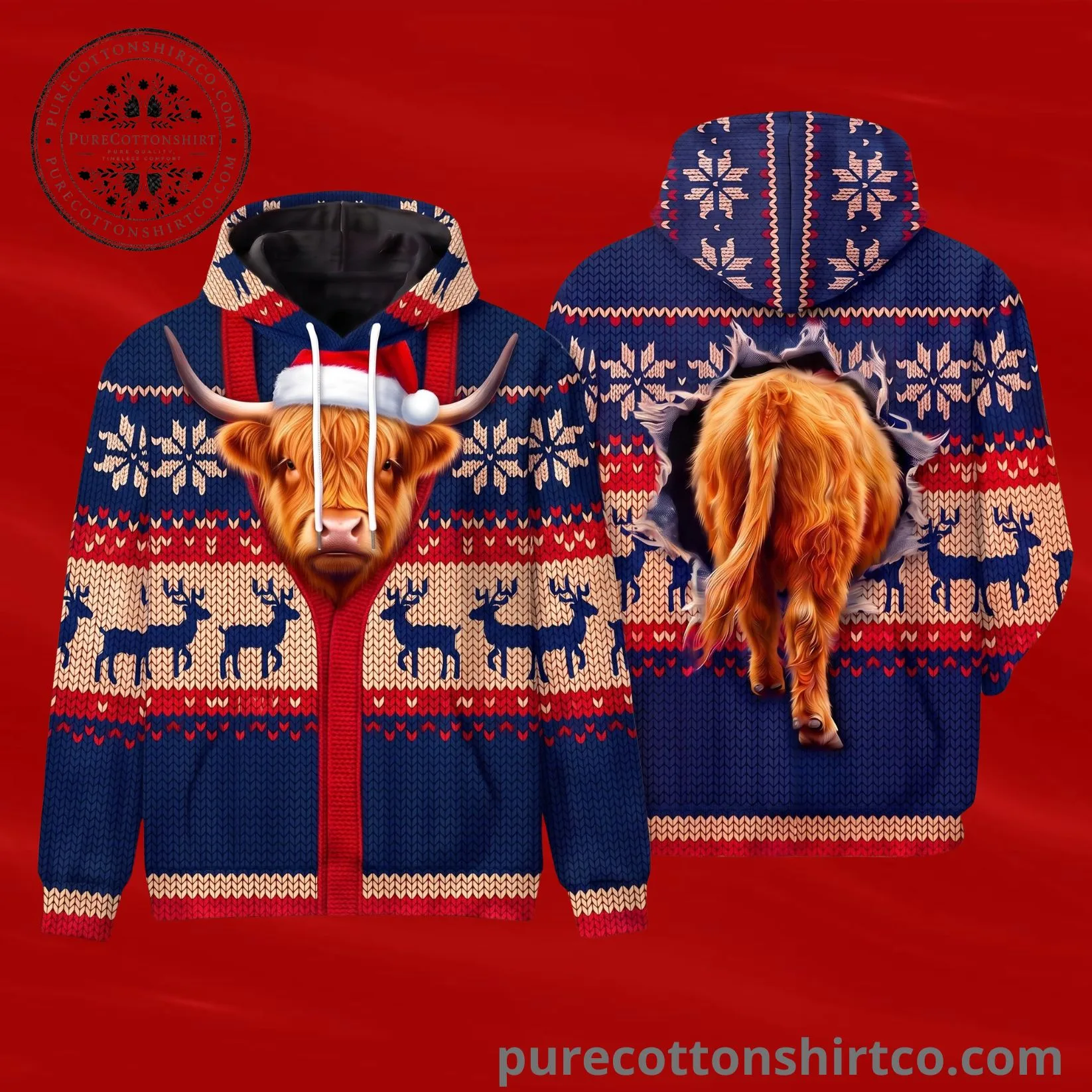 Funny Highland Cow Ugly Christmas Hoodie - 3D Graphic Reindeer Pattern Zip-Up Sweatshirt (2) Funny Highland Cow Ugly Christmas Hoodie – 3D Graphic Reindeer Pattern Zip-Up Sweatshirt — image 2