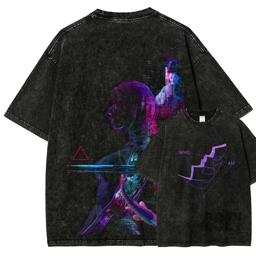 Ghost in the Shell Anime Cyberpunk Washed Black Graphic T-Shirt