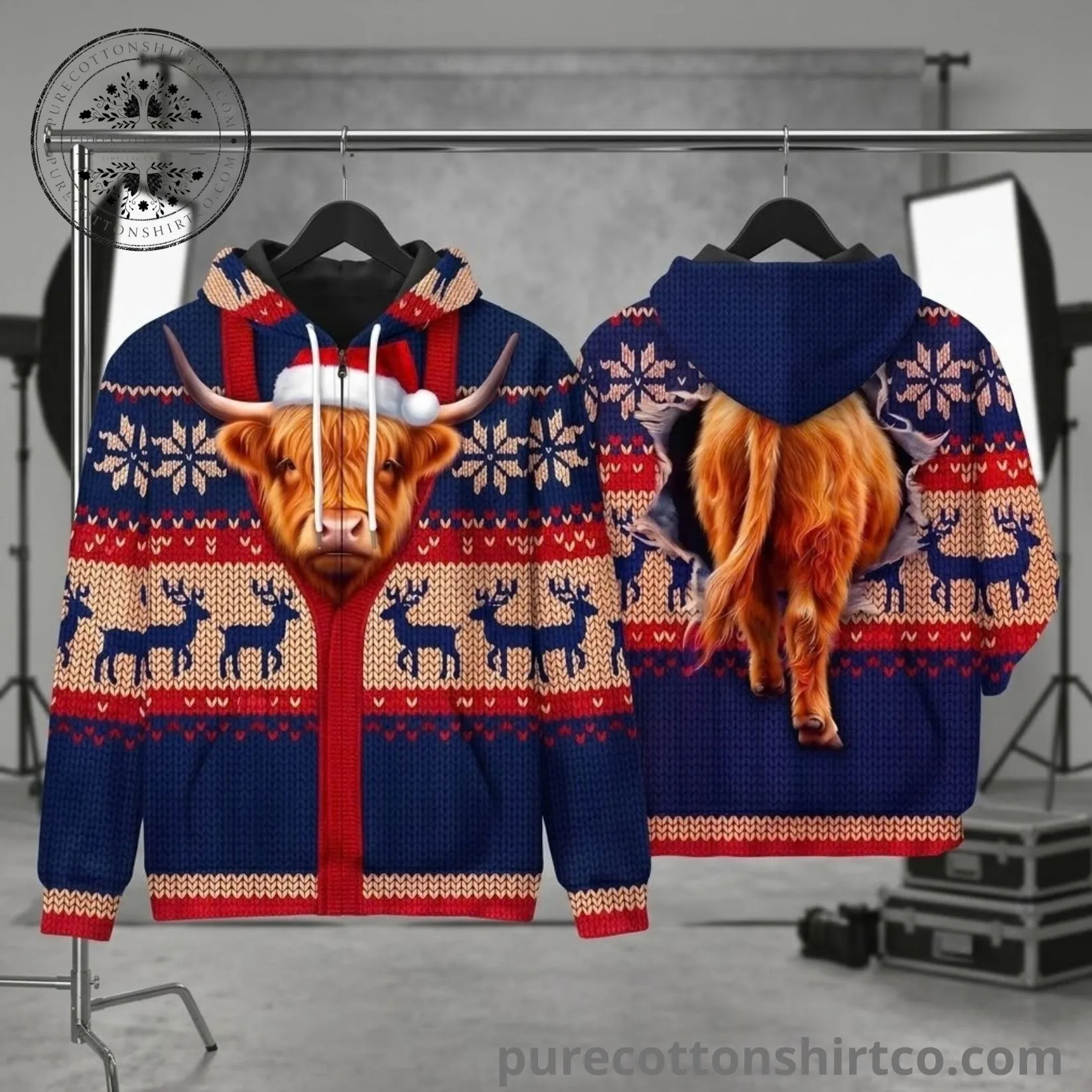 Funny Highland Cow Ugly Christmas Hoodie - 3D Graphic Reindeer Pattern Zip-Up Sweatshirt