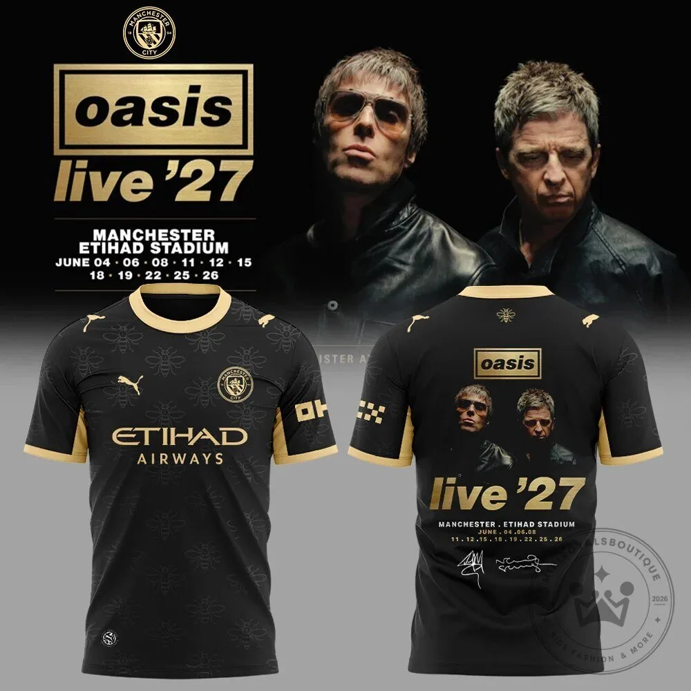 Oasis Live 27 Manchester City Etihad Stadium Concert Black Football Jersey