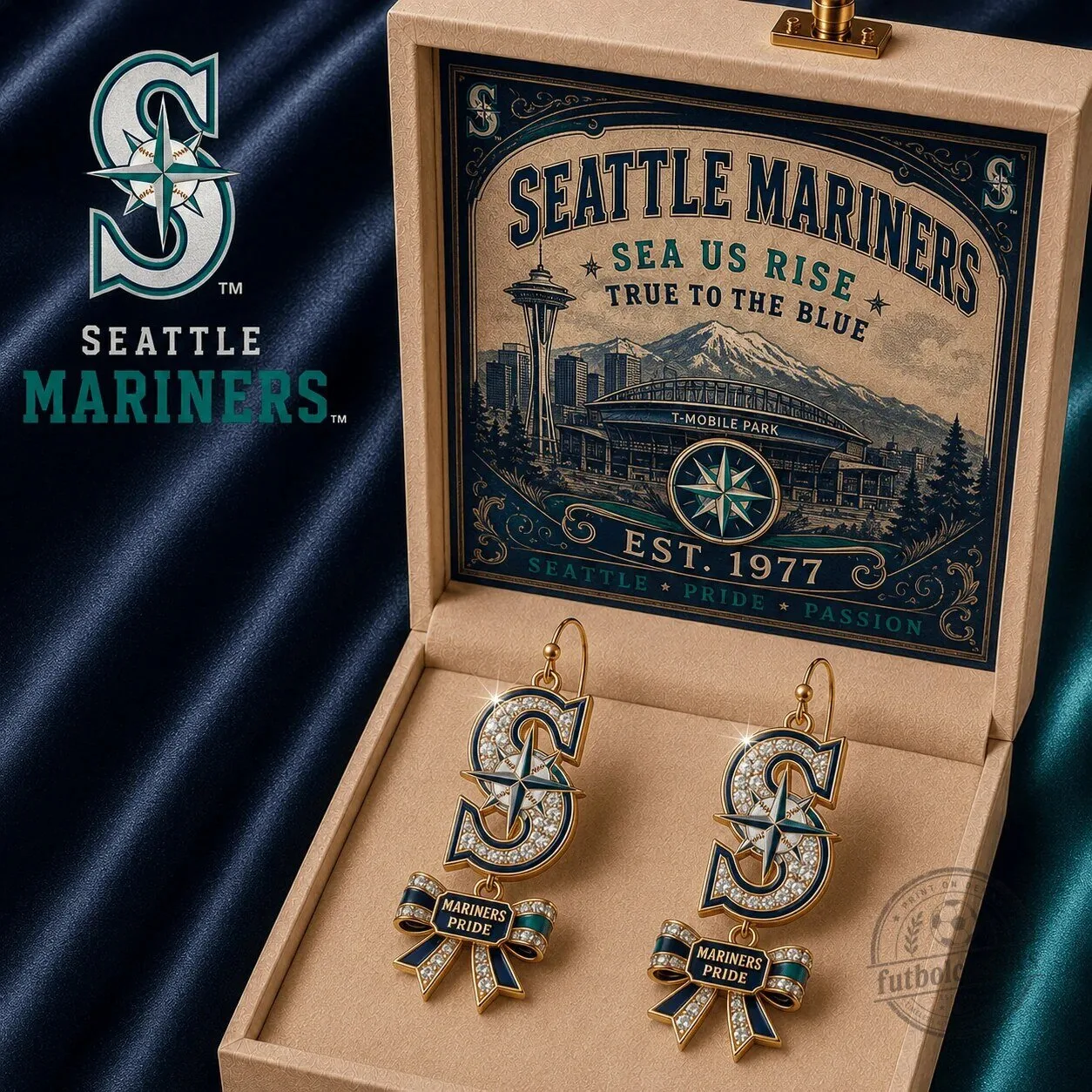 Seattle Mariners Baseball Team Dangle Earrings With Bow Accent