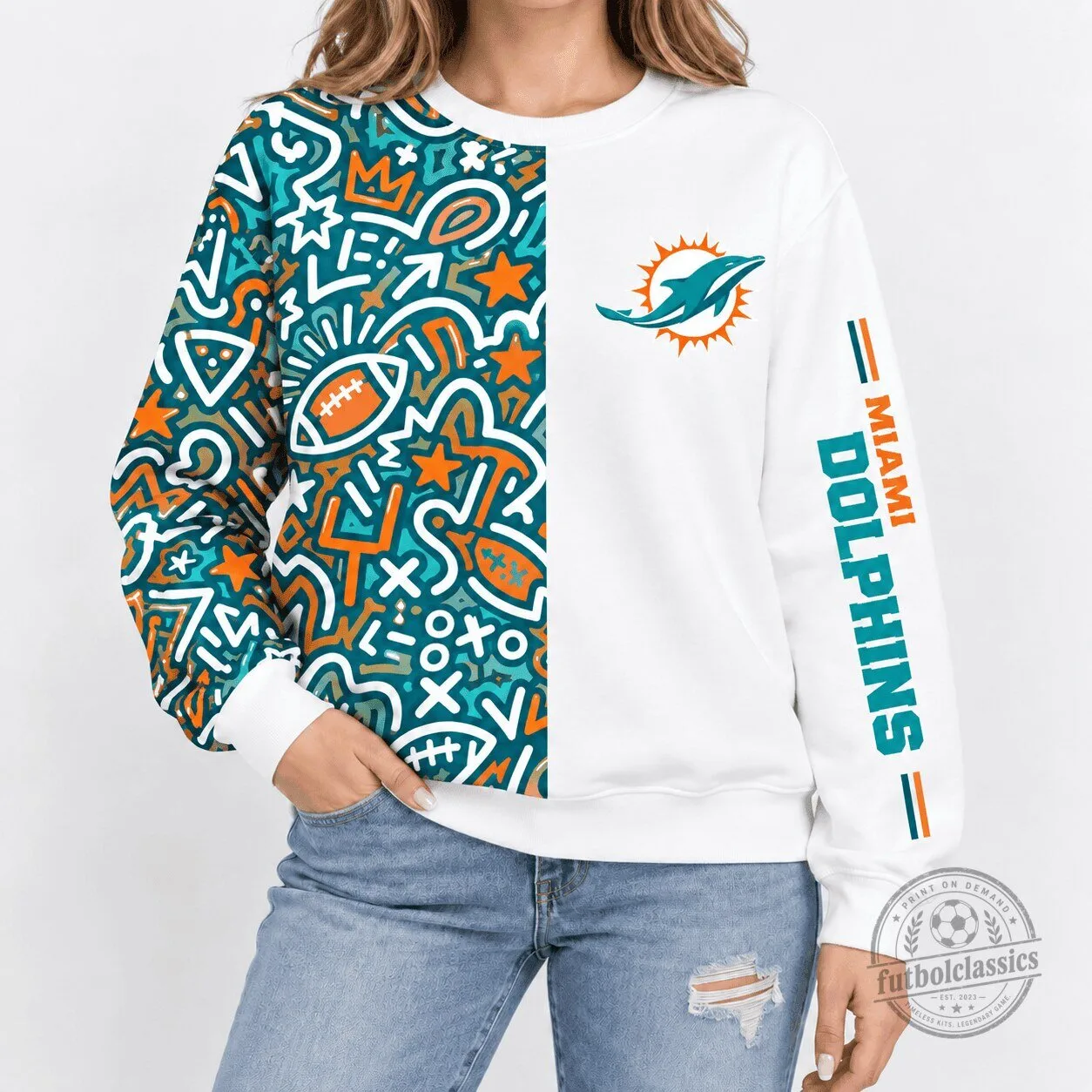 Miami Dolphins NFL Football Team Logo Doodle Art Fan Crewneck Sweatshirt