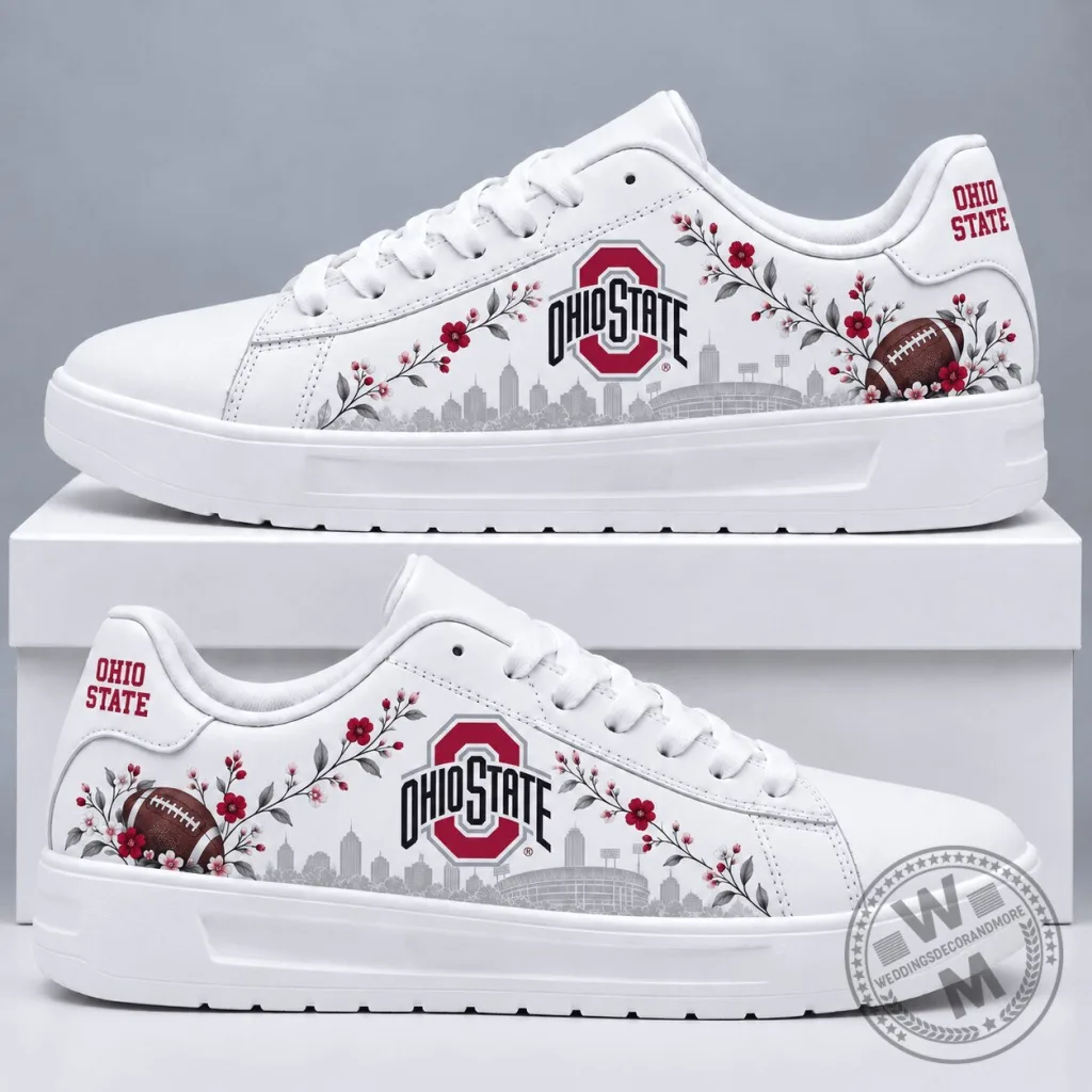 Ohio State Buckeyes Football Floral Pattern White Sneakers 12 Ohio State Buckeyes Football Floral Pattern White Sneakers